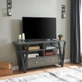 APRILSOUL - Tall TV Stand cabinet with two drawers on metal glides metal square knob handles and two divided shelf tiers - Grey and Black