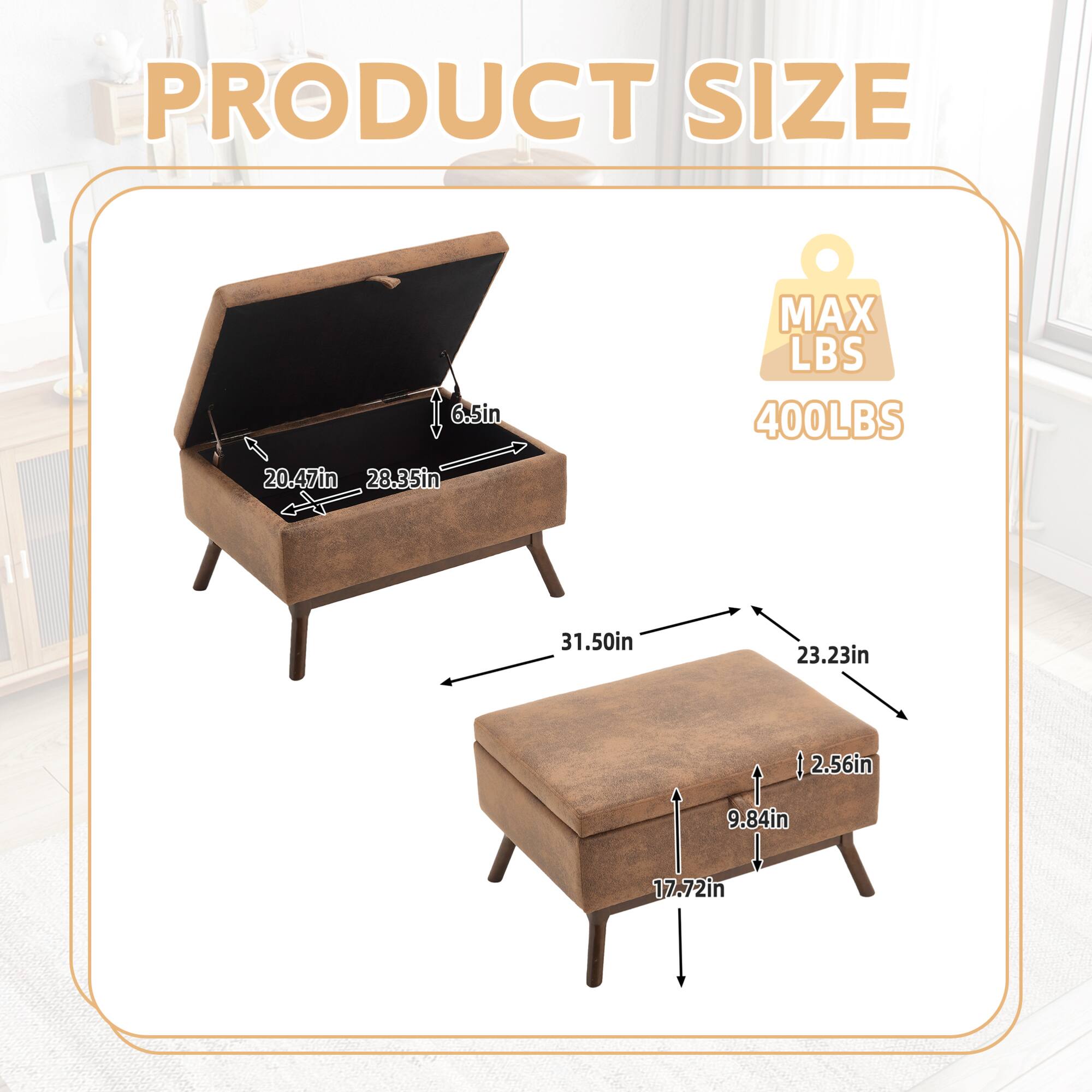 PRODUCT SIZE  
6.5in  
20.47in  
28.35in  
31.50in  
23.23in  
2.56in  
9.84in  
17.72in  

MAX LBS  
400LBS