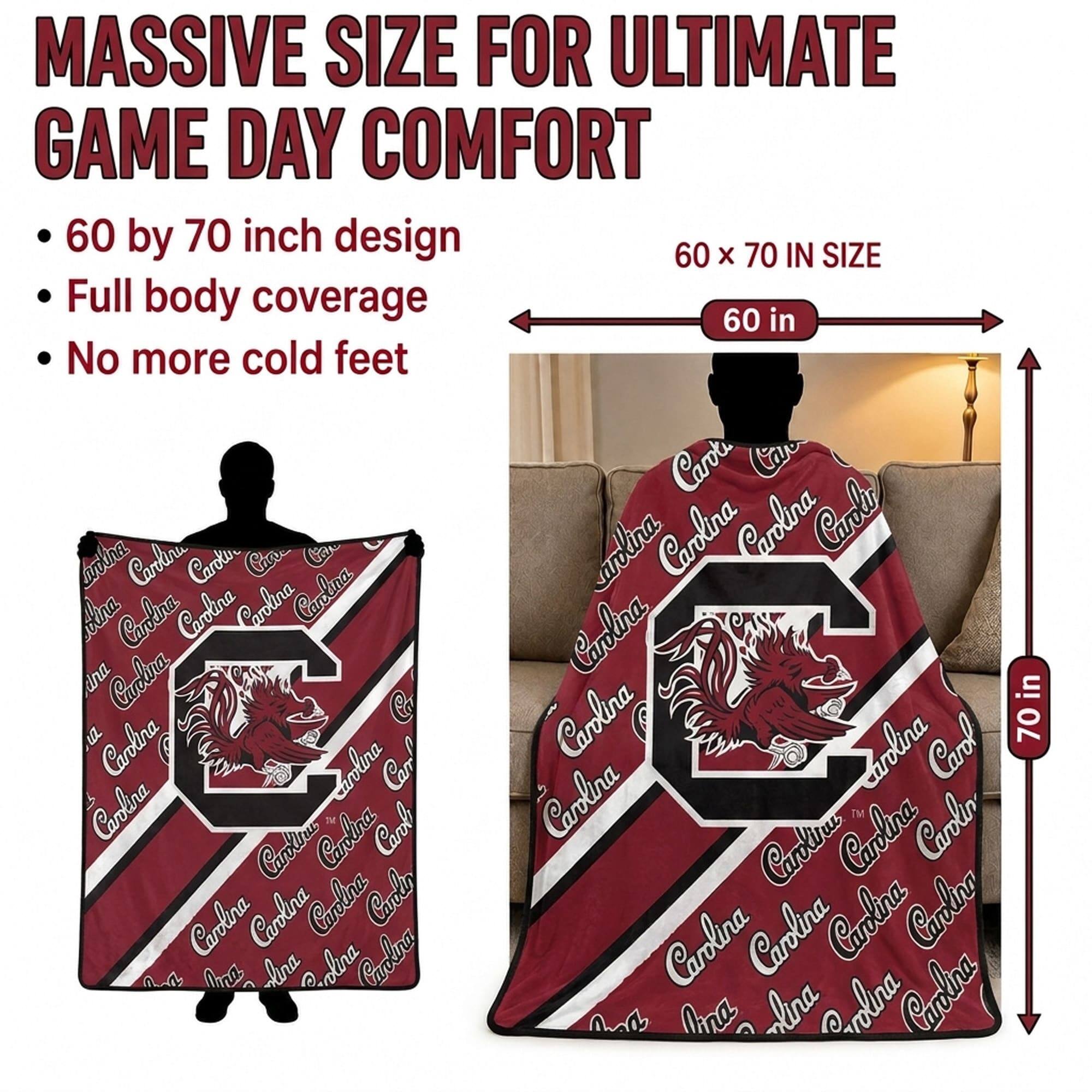MASSIVE SIZE FOR ULTIMATE GAME DAY COMFORT  
60 by 70 inch design  
Full body coverage  
No more cold feet  

60 x 70 IN SIZE  
60 in  
70 in
