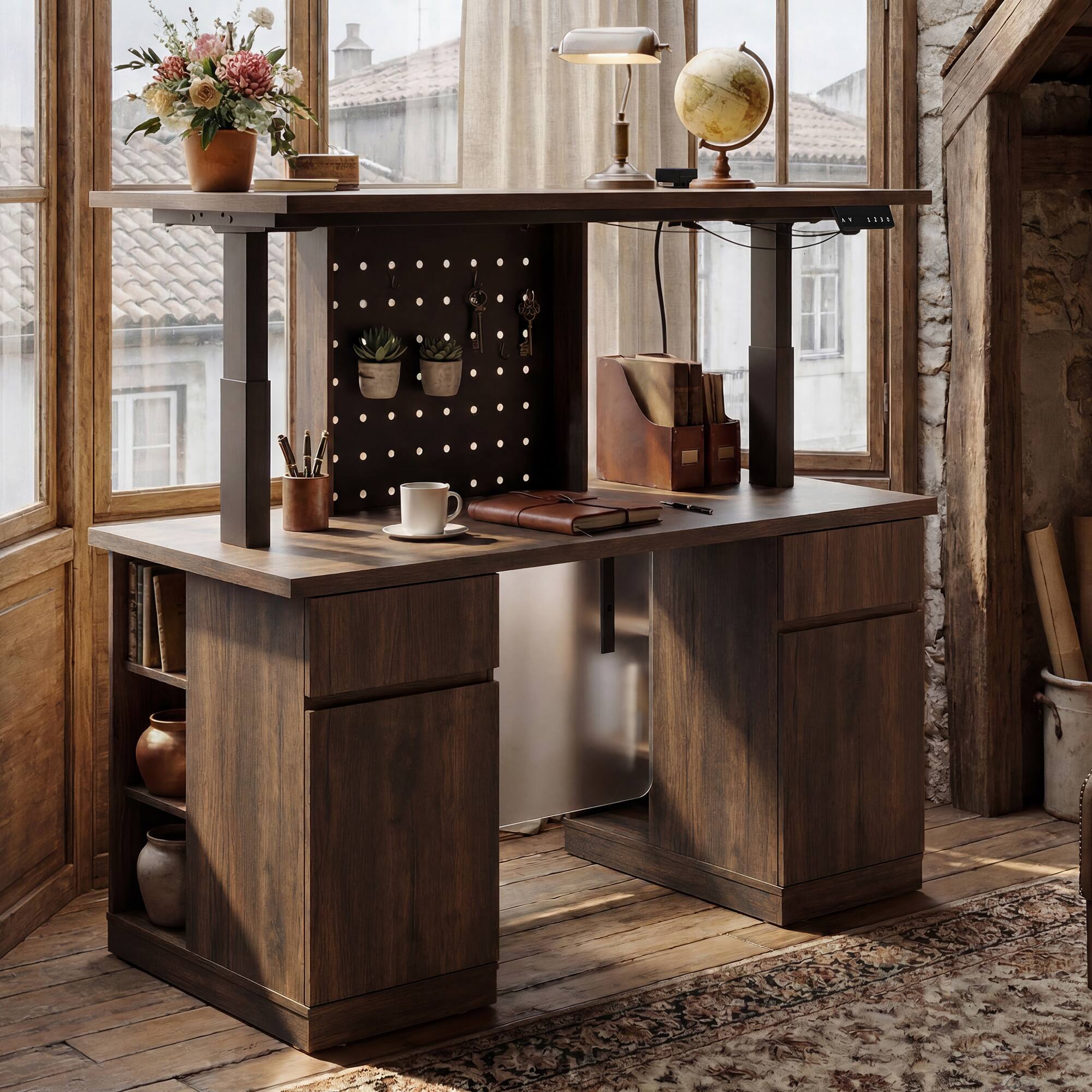 Alt View 1. Famapy - Electric Height Adjustable Standing Desk with Storage Drawers & LED Light,Workstation with Pegboard Memory Presets - Dark Brown.