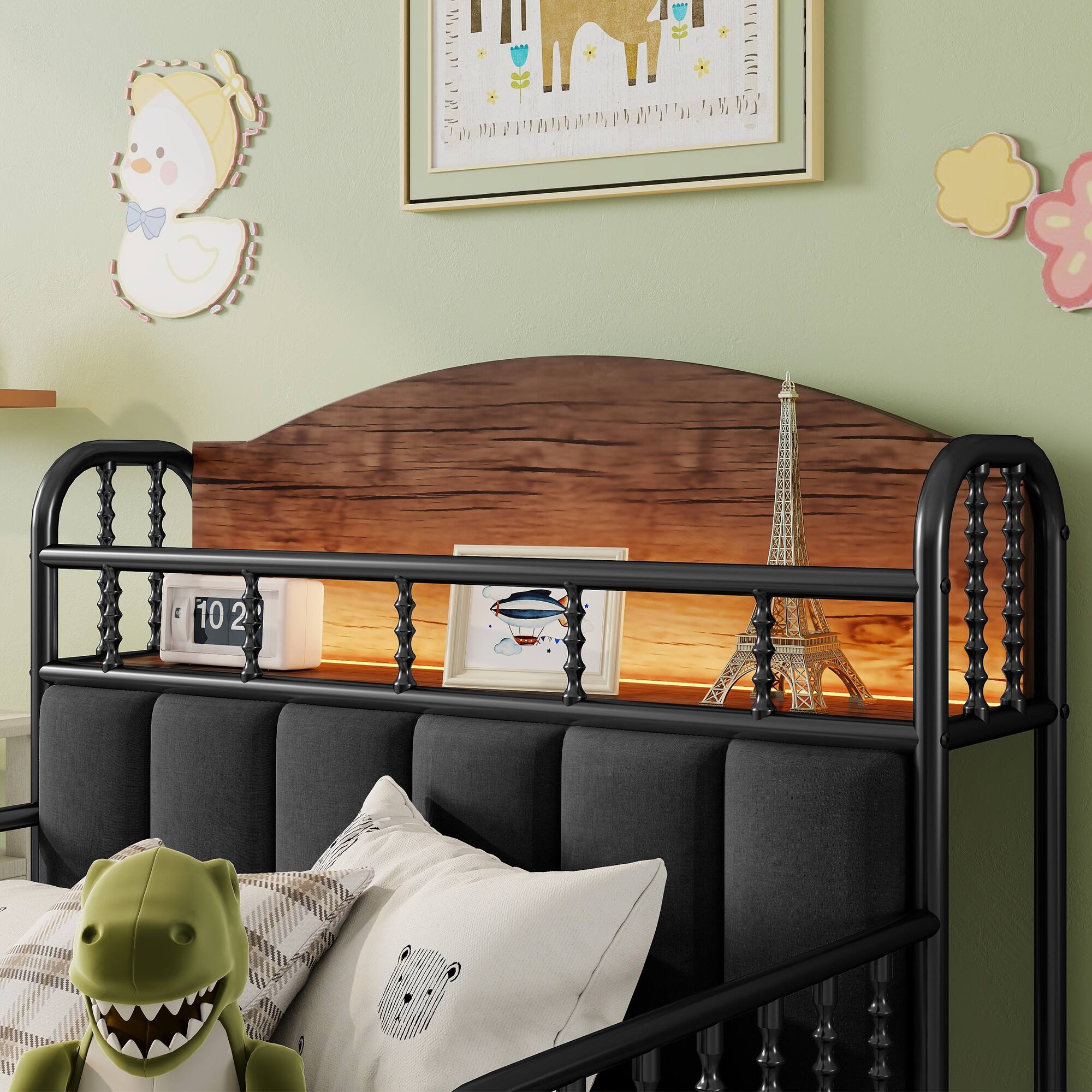 Back. LUCKY ONE - Twin Size Kids Metal Platform Bed Frame with Light and Storage Headboard - Black.