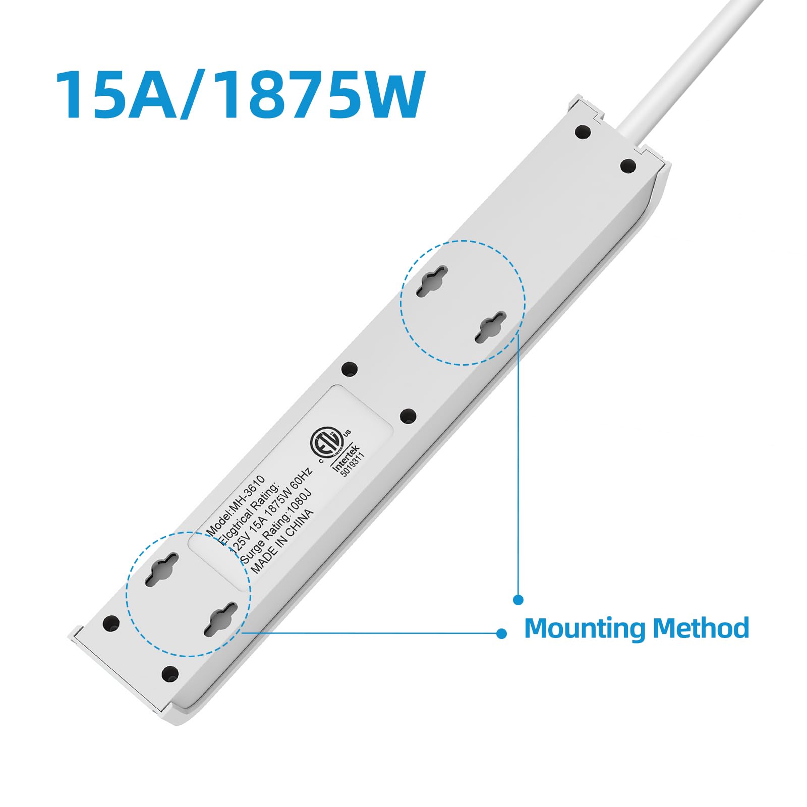 15A/1875W

Model: MH-3610  
Electrical Rating: 1875W  
Surge Rating: 6000J  
Input: 250V  
Frequency: 50/60Hz  
Made in China  

Mounting Method