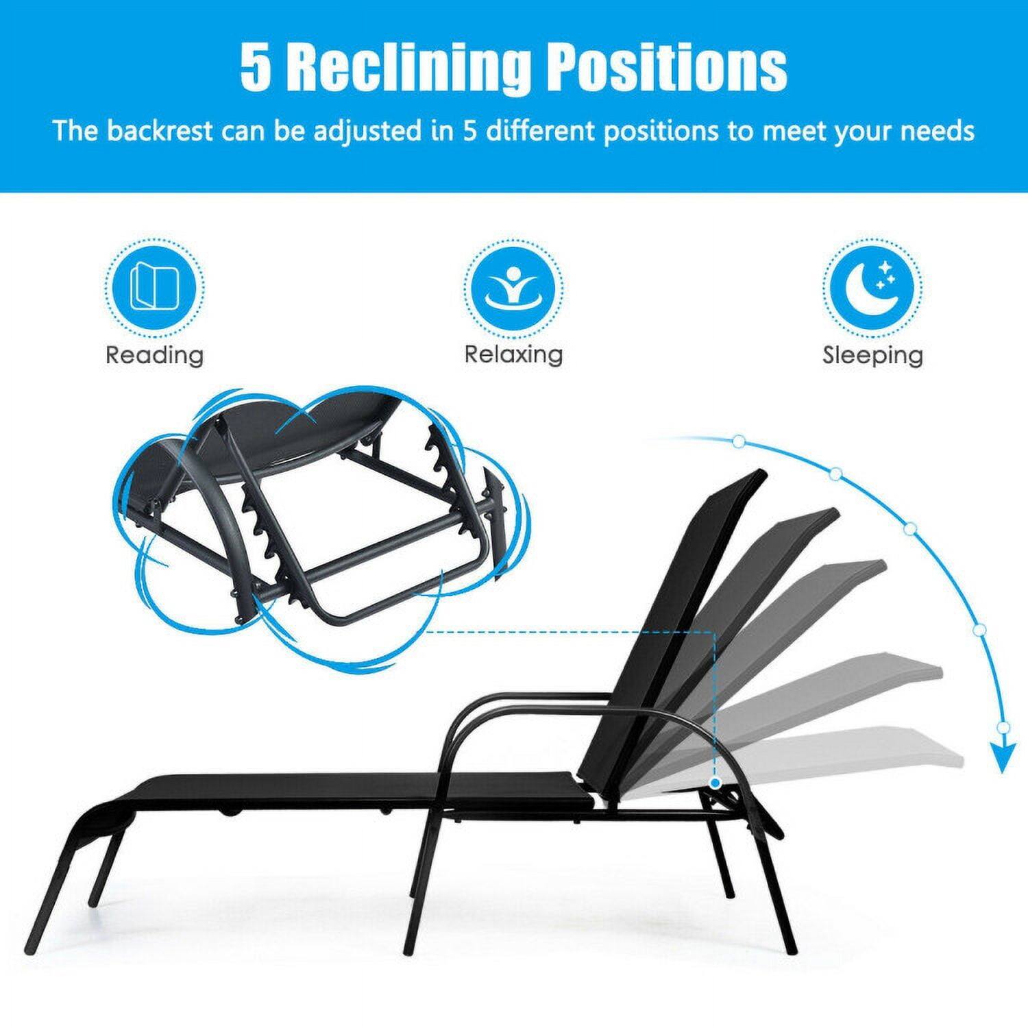 5 Reclining Positions  
The backrest can be adjusted in 5 different positions to meet your needs  

- Reading  
- Relaxing  
- Sleeping