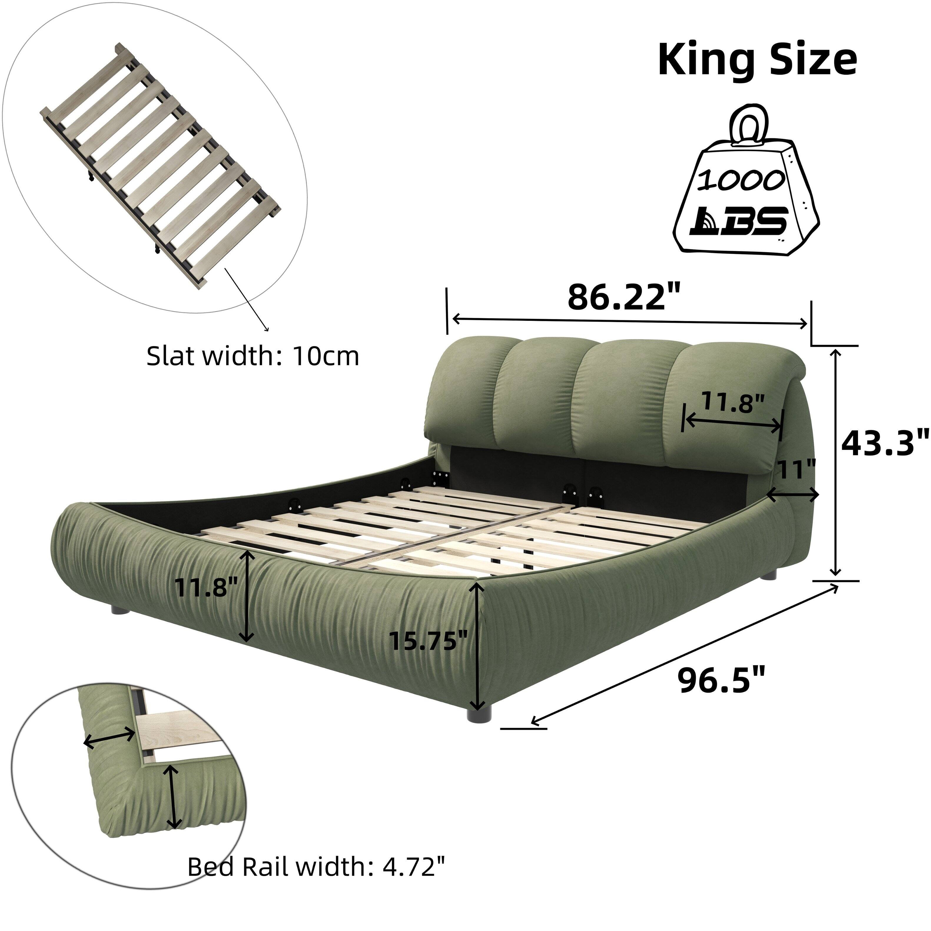 King Size  
1000 ABS  
Slat width: 10cm (11.8")  
Bed Rail width: 4.72"  
Dimensions:  
- Length: 96.5"  
- Width: 43.3"  
- Height: 11.8"  
- Depth: 15.75"  
- Overall length: 86.22"