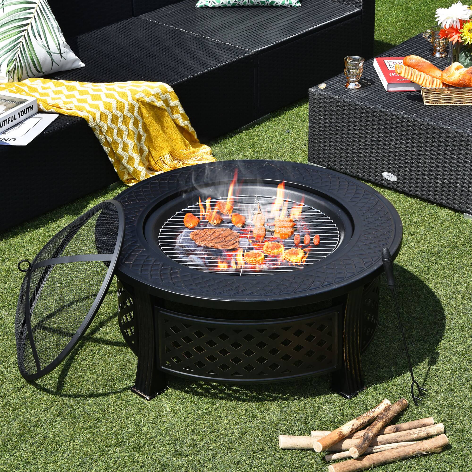 "LKI WR YOUTH UTIFUL" is a phrase that does not make sense in the context of the image. The image shows a backyard scene with a fire pit, a grill, and a table with various items on it. There are no visible signs or text that could be grouped or corrected based on the given phrase.