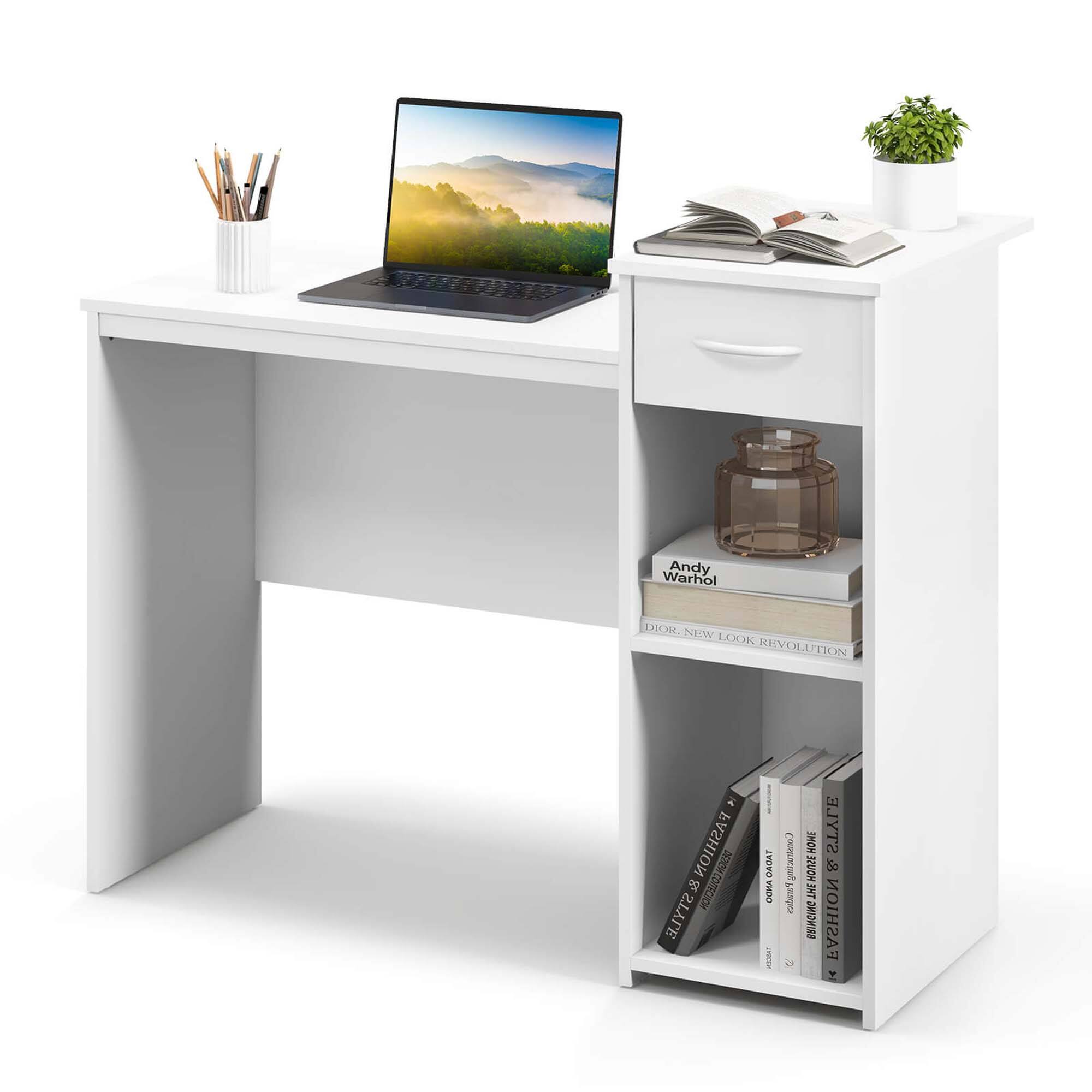 Costway - Computer Desk with Drawer Modern Laptop PC Desk with Adjustable Shelf & Cable Hole - White