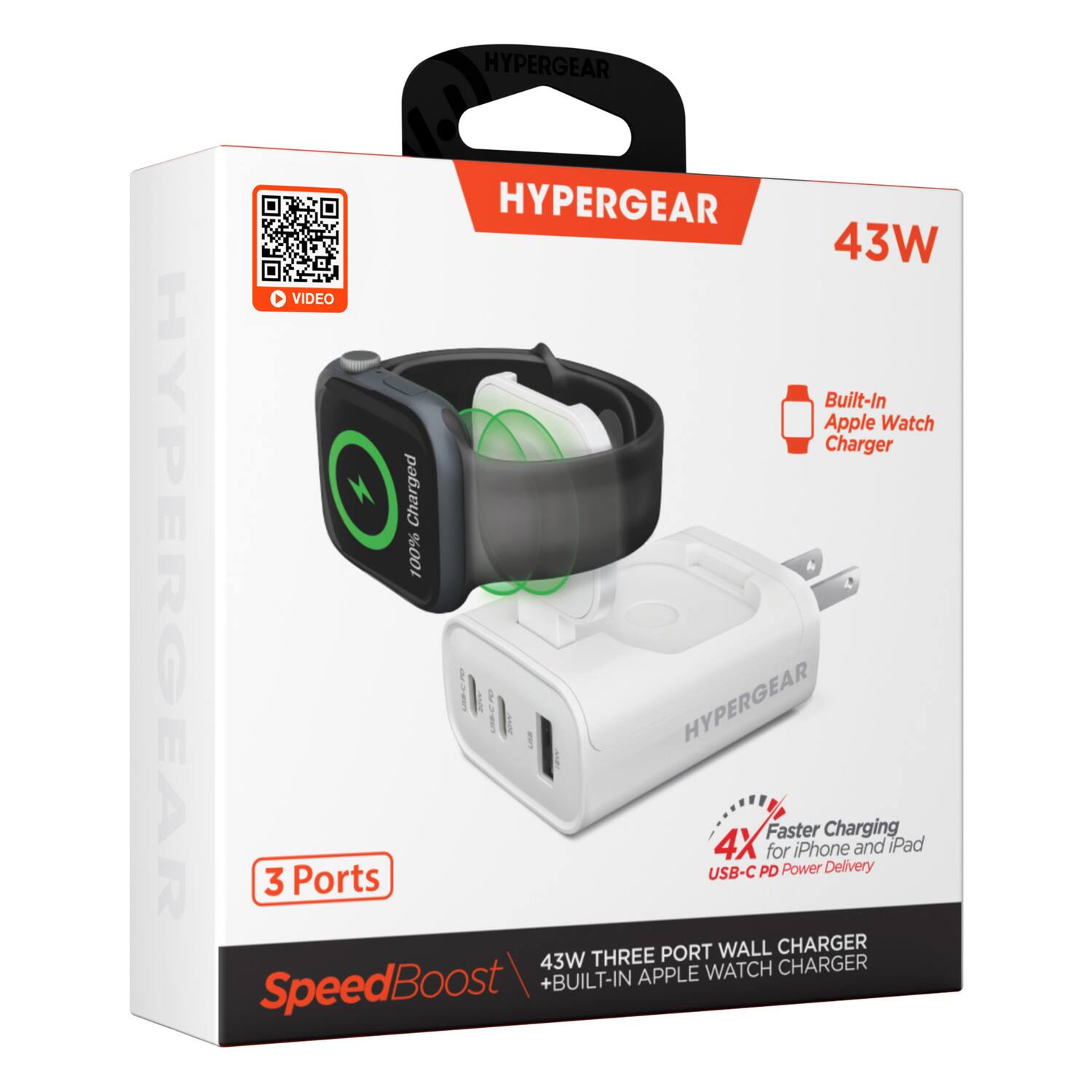 HYPERGEAR 43W VIDEO Built-In Apple Watch Charger Charged 100% HYPERGEAR 3 Ports 200T I HYPERGEAR USB-C 4X PD Faster for Power iPhone Charging Delivery and iPad PORT WALL CHARGER 43W THREE CHARGER + BUILT-IN APPLE WATCH SpeedBoost