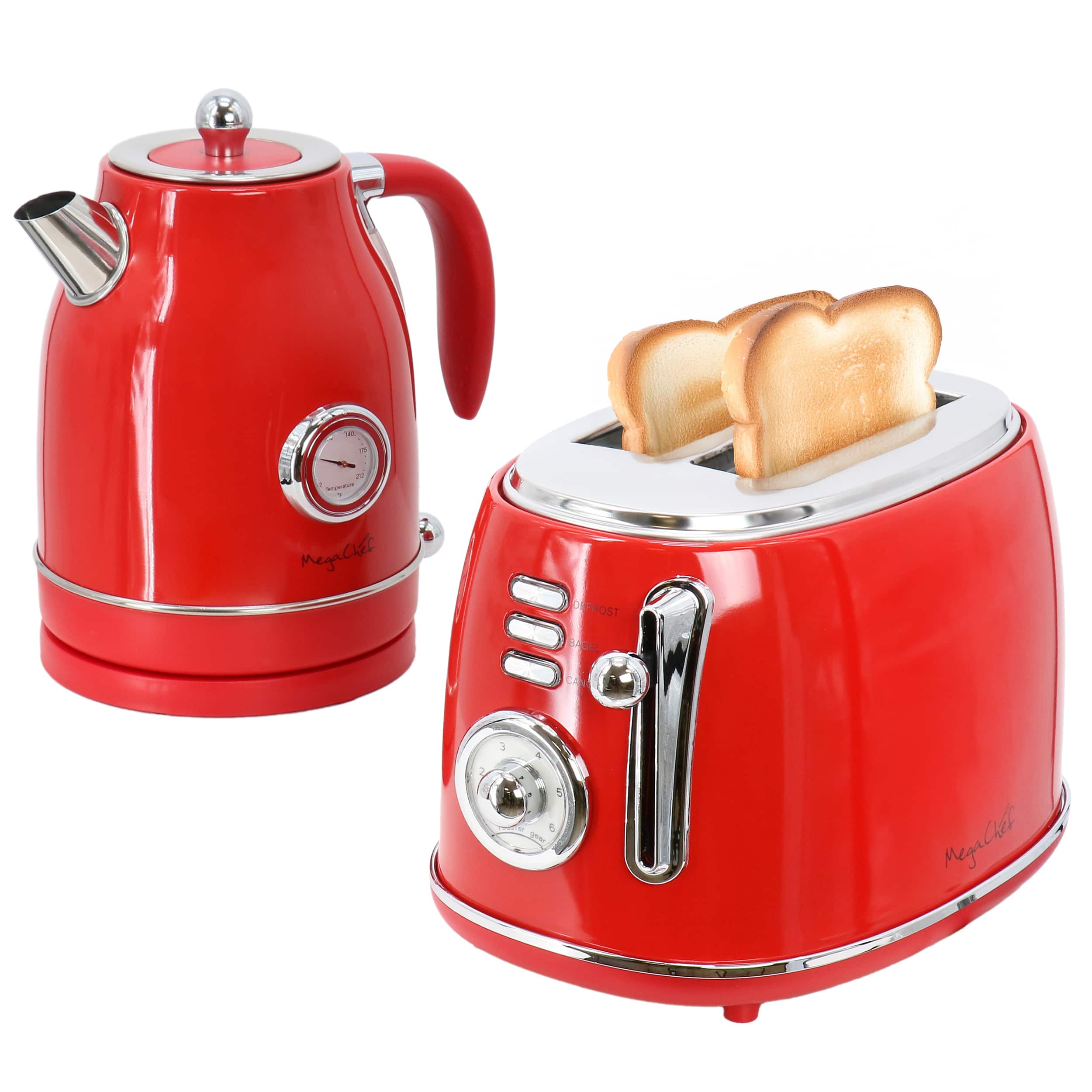 MegaChef - 1.8 Quart Electric Tea Kettle and 2 Slice Toaster Combo - Red