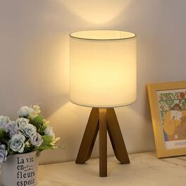 Oumilen - Wood Tripod Table Lamp with Fabric Shade – Mid-Century Modern Nightstand Lamp with In-Line Switch