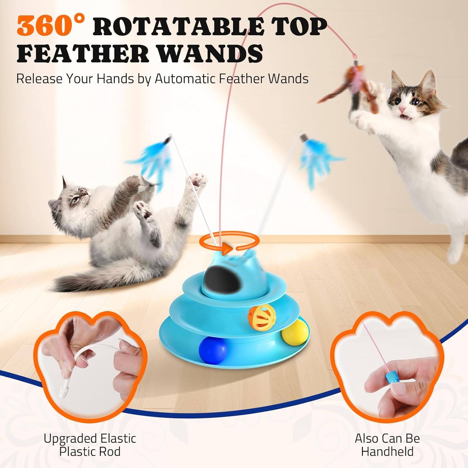 360° ROTATABLE TOP FEATHER WANDS
Release Your Hands by Automatic Feather Wands
Upgraded Elastic Plastic Rod
Also Can Be Handheld