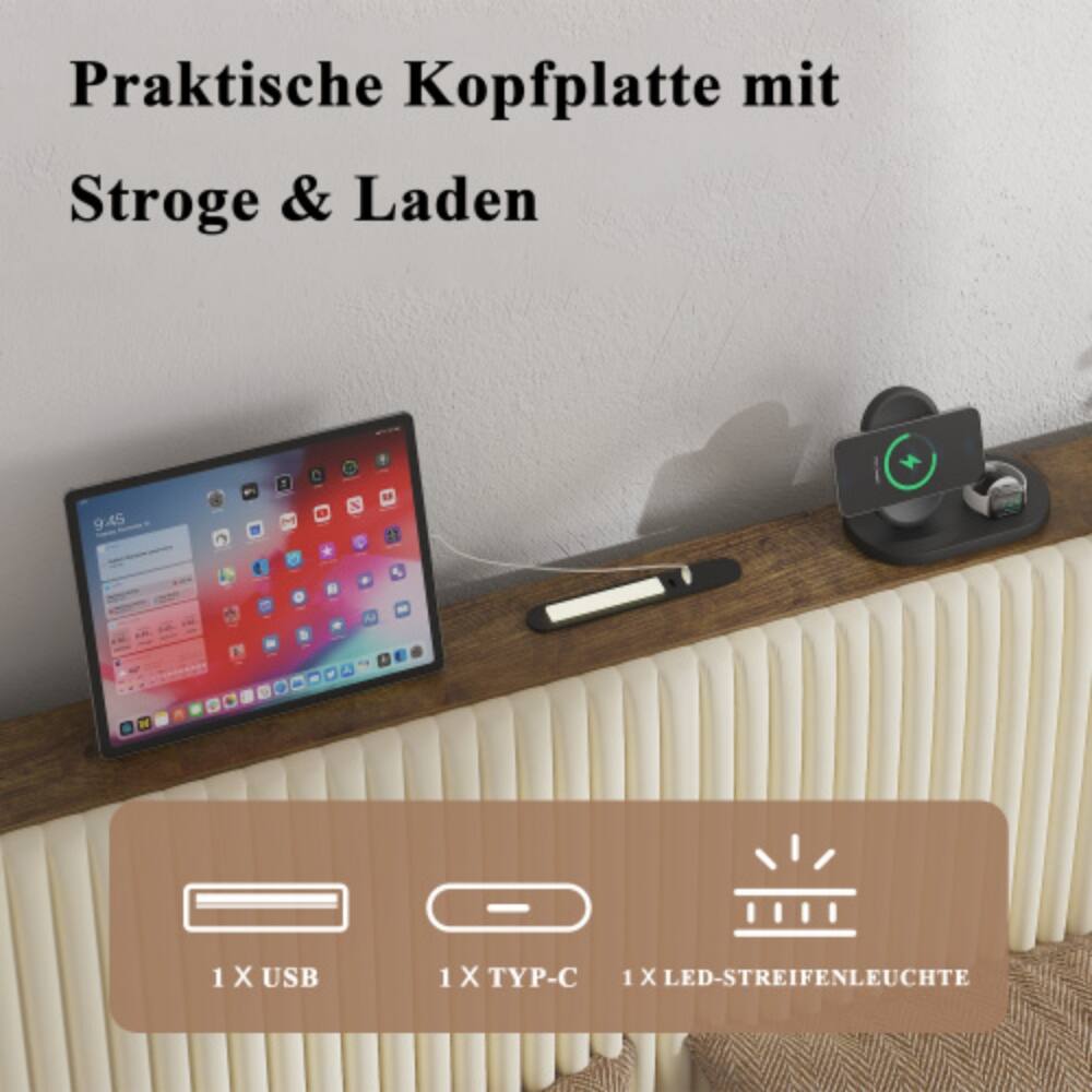 Praktische Kopfplatte mit Stroge & Laden  
1 X USB  
1 X TYP-C  
1 X LED-STREIFENLEUCHTE