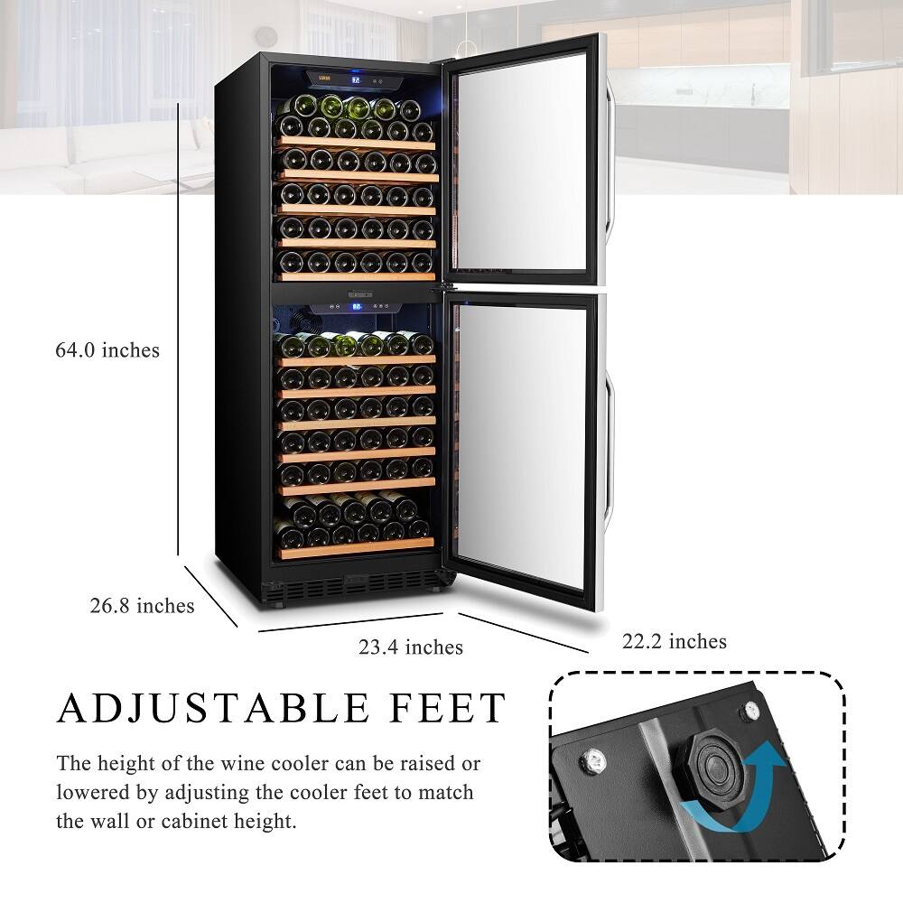 The height of the wine cooler can be raised or lowered by adjusting the cooler feet to match the wall or cabinet height. The wine cooler has a height of 64.0 inches, and the adjustable feet allow for a range of 26.8 to 23.4 inches, with a minimum height of 22.2 inches.