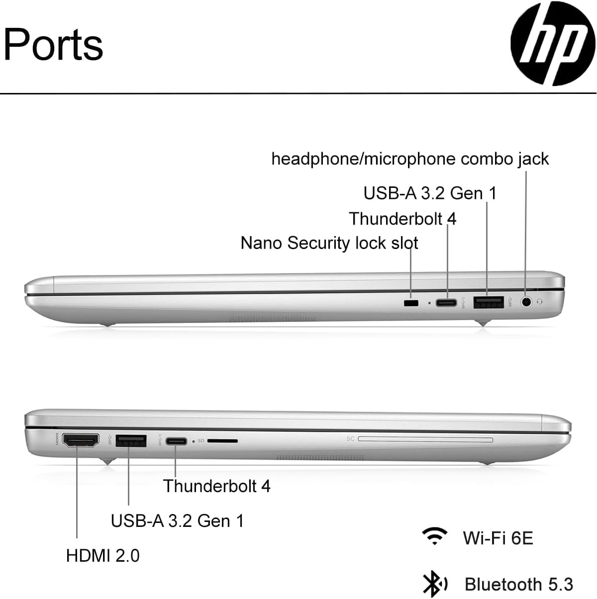 Ports:
- Headphone/microphone combo jack
- USB-A 3.2 Gen 1
- Thunderbolt 4
- Nano Security lock slot
- Thunderbolt 4
- USB-A 3.2 Gen 1
- HDMI 2.0
- Wi-Fi 6E
- Bluetooth 5.3