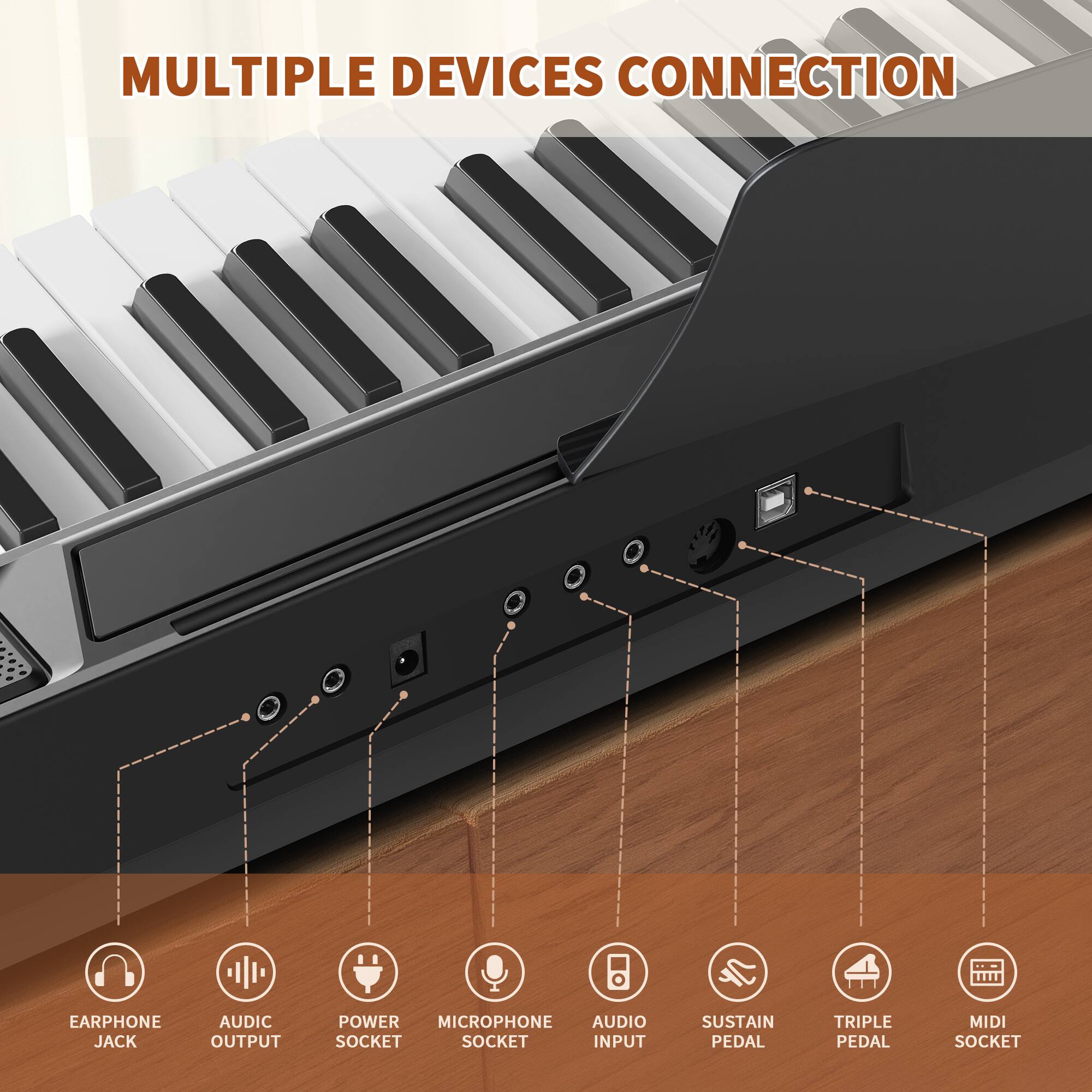 MULTIPLE DEVICES CONNECTION

- EARPHONE JACK
- AUDIO OUTPUT
- POWER SOCKET
- MICROPHONE SOCKET
- AUDIO INPUT
- SUSTAIN PEDAL
- TRIPLE PEDAL
- MIDI SOCKET