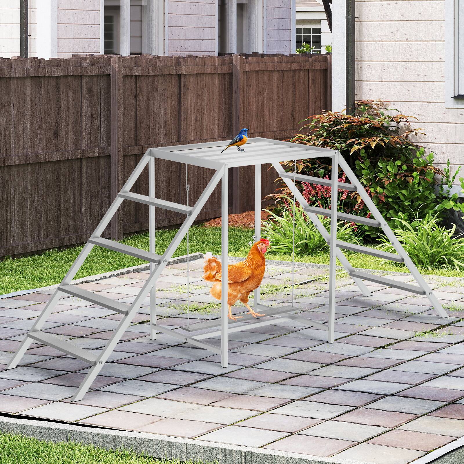 Angle. Oumilen - Metal Chicken Perch Play Stand with Double Ladder & Swing Platform, Gray - Gray.