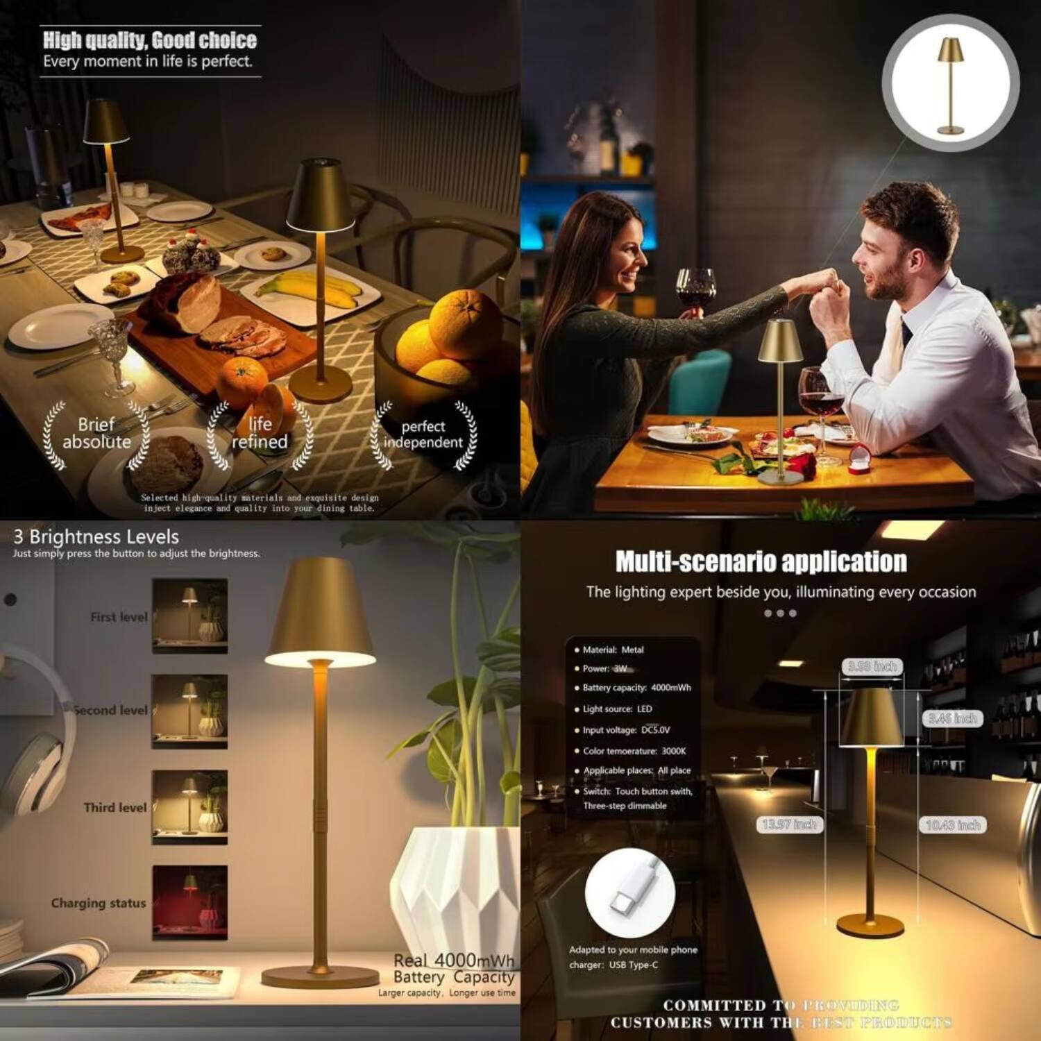 **High quality, Good choice**  
Every moment in life is perfect.

**Brief absolute life refined perfect independent**  
Selected high-quality materials and exquisite design inject elegance and quality into your dining table.

**3 Brightness Levels**  
Just simply press the button to adjust the brightness.  
- First level  
- Second level  
- Third level  
- Charging status  

**Real 4000mWh Battery Capacity**  
Larger capacity, Longer use time

**Multi-scenario application**  
The lighting expert beside you, illuminating every occasion  
- Material: Metal  
- Power: Battery  
- Battery capacity: 4000mWh  
- Light source: LED  
- Input voltage: DC5.0V  
- Color temperature: 3000K  
- Applicable places: All places  
- Switch: Touch button switch, Three-step dimmable  
- Size: 13.37 Inch, 10.63 Inch  
- Adapted to your mobile phone charger: USB Type-C  

**COMMITTED TO PROVIDING CUSTOMERS WITH THE BEST PRODUCTS**