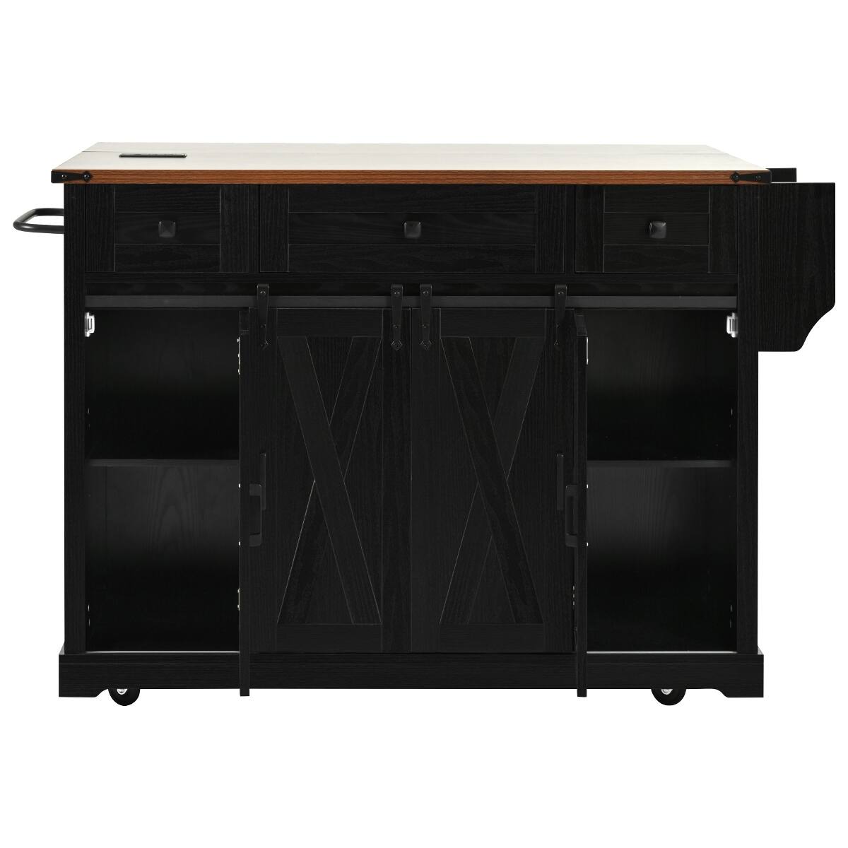 Alt View 10. Loheer - Loheer Farmhouse Kitchen Island with Drop Leaf and Sliding Barn Door, Rolling Kitchen Cart with Power Outlet, Black - Black.