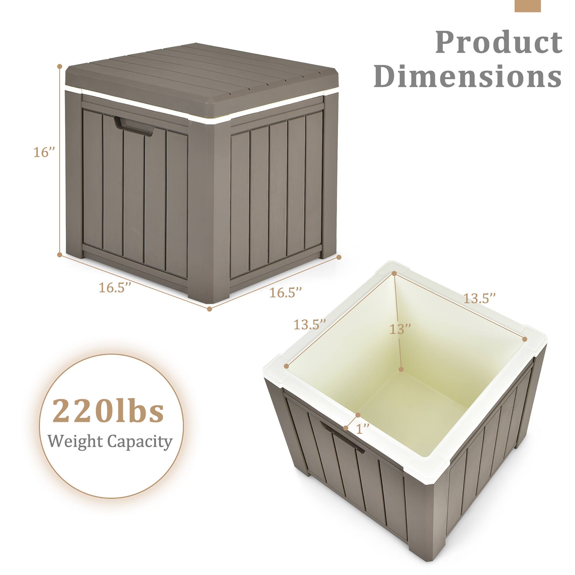 Product Dimensions: 16" x 16.5" x 16.5" x 13.5" x 13.5" x 13"  
Weight Capacity: 220lbs