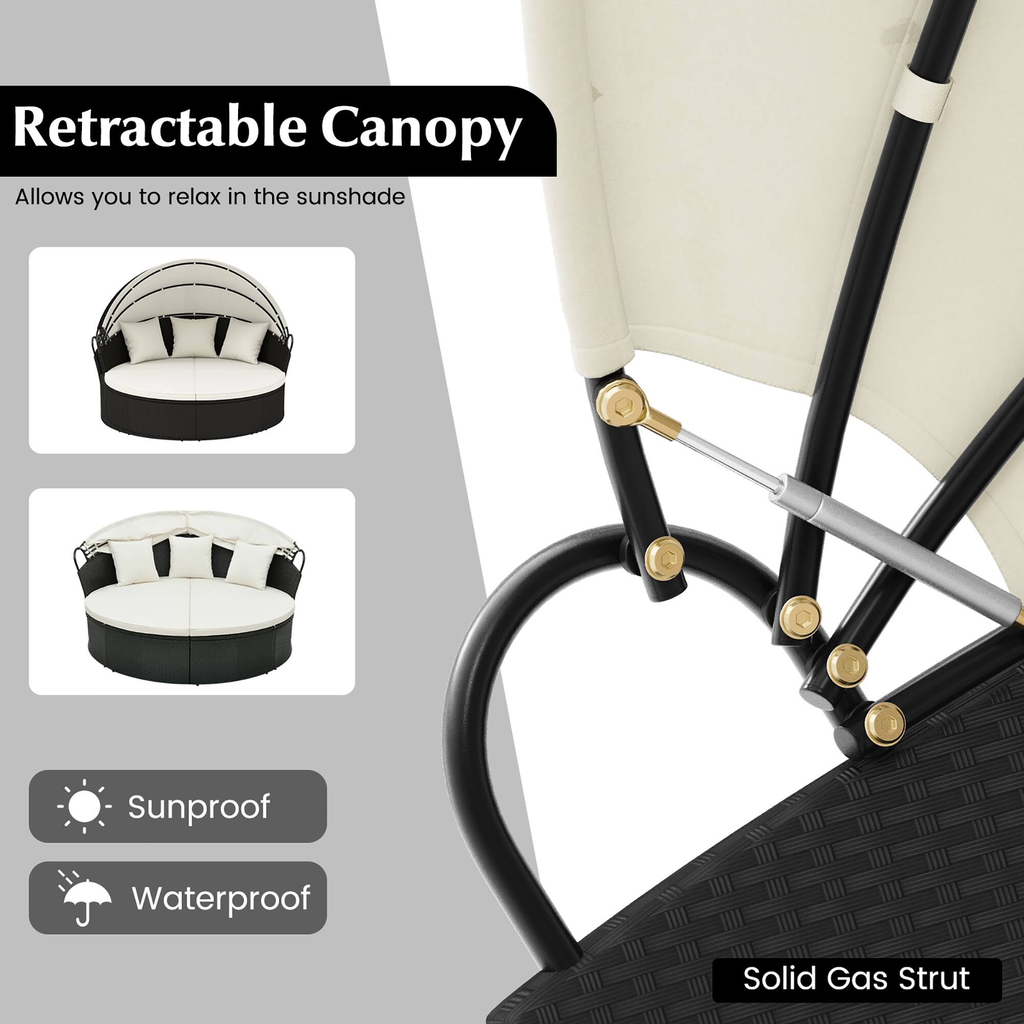 Retractable Canopy  
Allows you to relax in the sunshade  

Sunproof  
Waterproof  

Solid Gas Strut