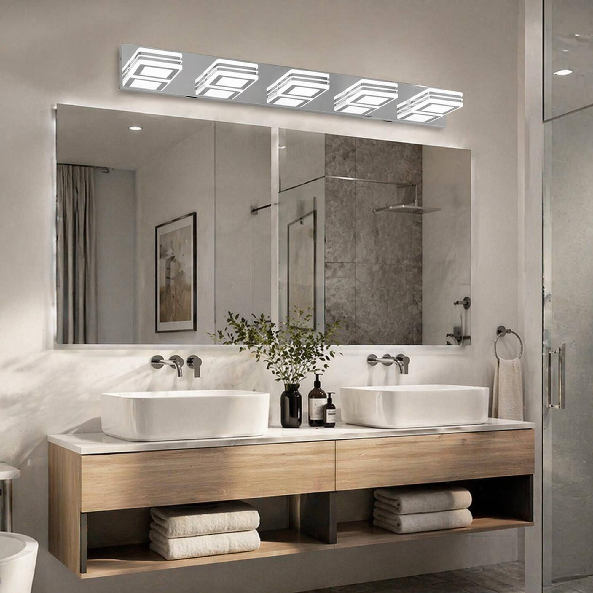 Left. RYHNUYNE - 32" Modern Chrome 5‑Light LED Vanity Light,Square Acrylic Shade Wall Mount Bathroom Vanity Light Fixture - Chrome.