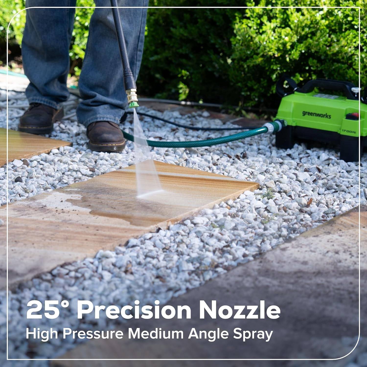 greenworks 17:00m  
25° Precision Nozzle  
High Pressure Medium Angle Spray