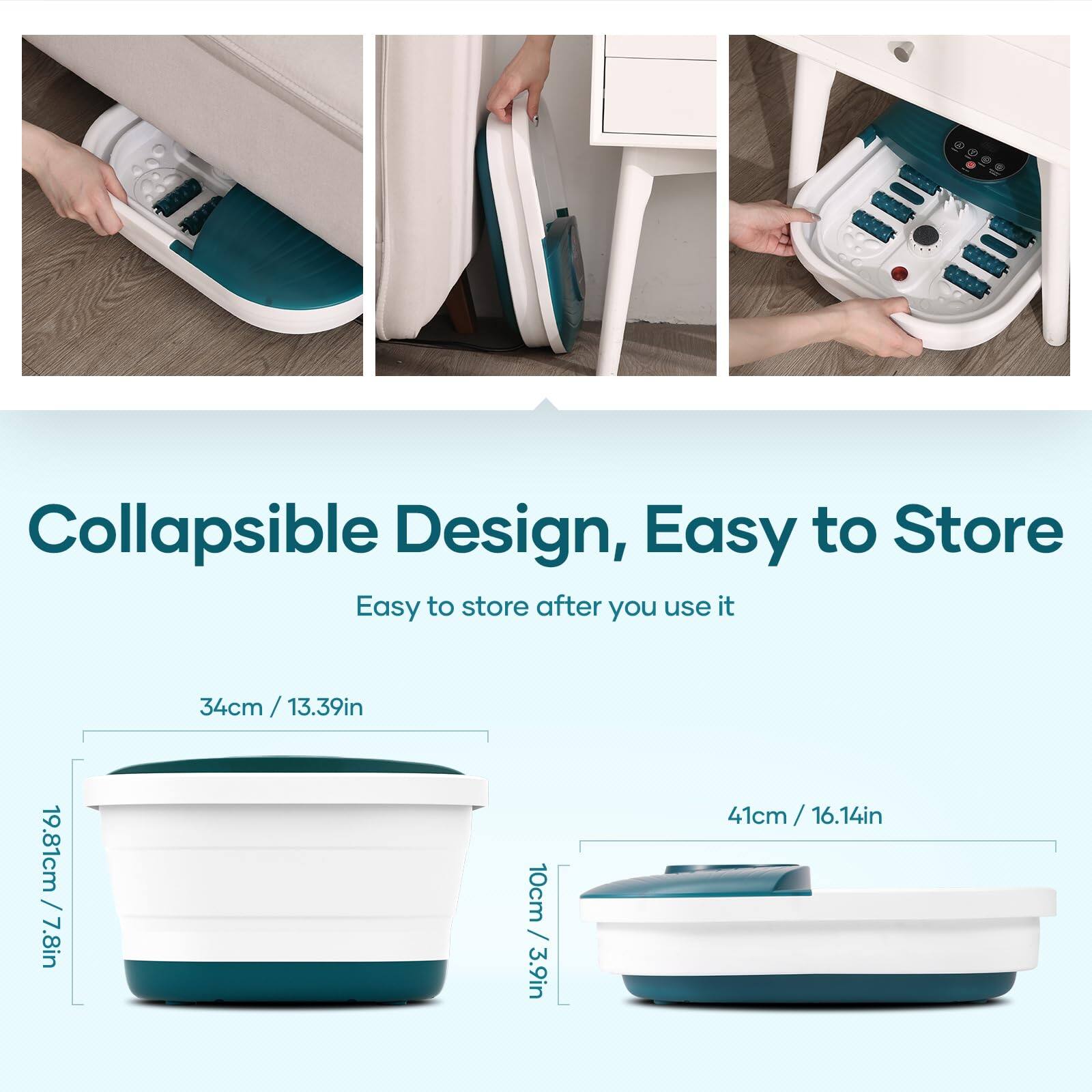 Collapsible Design, Easy to Store  
Easy to store after you use it  

19.81cm / 7.8in  
34cm / 13.39in  
10cm / 3.9in  
41cm / 16.14in