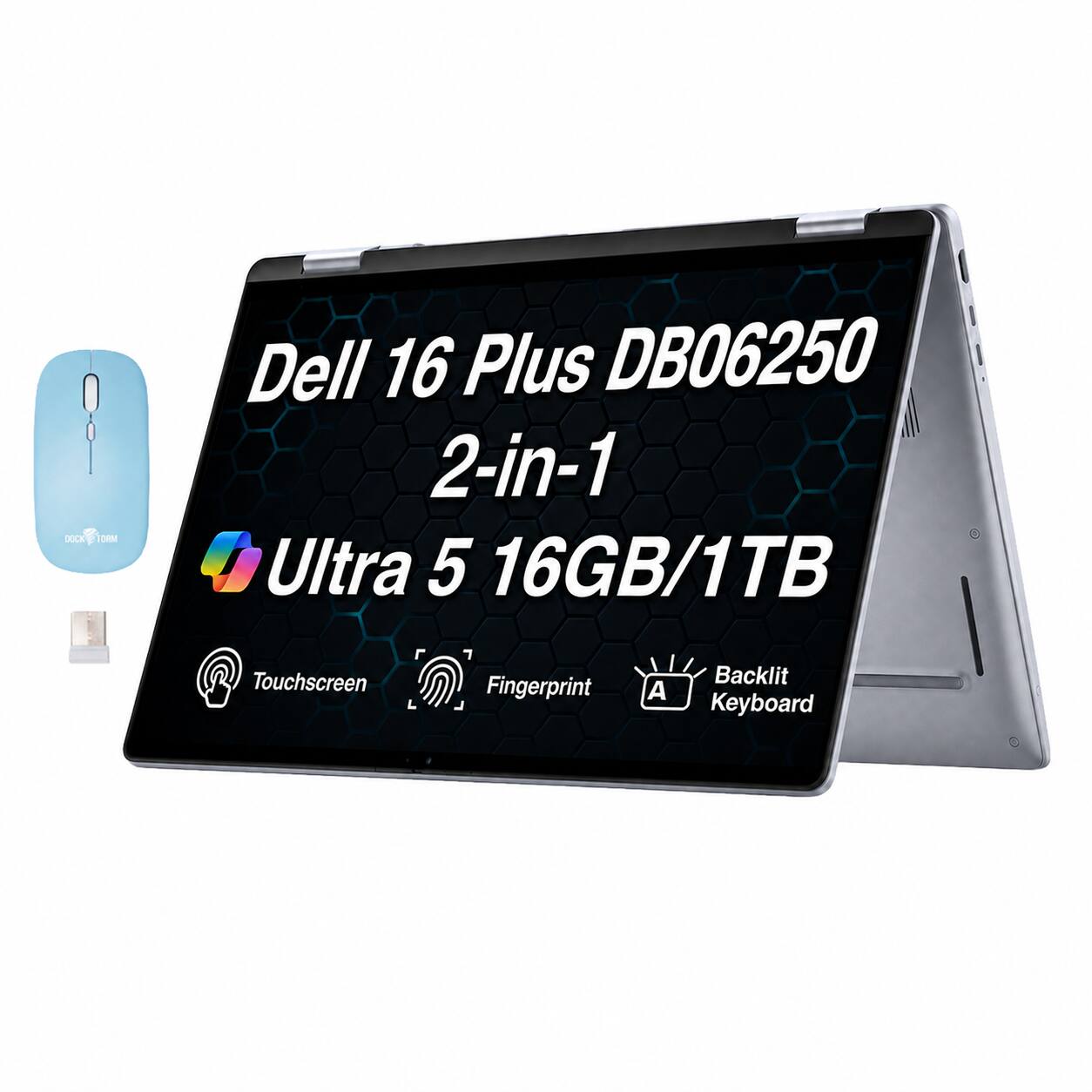 Dell - Upgraded - 16 Plus DB06250 2-in-1 Laptop 16.0 WUXGA Display (Ultra 5-226v, 16GB, Win 11 Pro) w/Dockztorm Wireless Mouse - Ice Blue