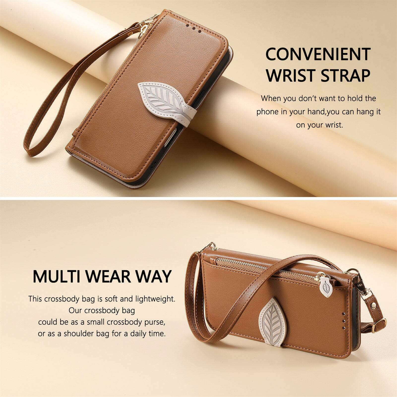 CONVENIENT WRIST STRAP  
When you don't want to hold the phone in your hand, you can hang it on your wrist.  

MULTI WEAR WAY  
This crossbody bag is soft and lightweight. Our crossbody bag could be as a small crossbody purse, or as a shoulder bag for a daily time.