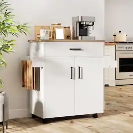 Costway - Kitchen Island Cart with Drawer, 2 Doors, Spice Rack, Towel Bar, 2 Lockable Wheels - White