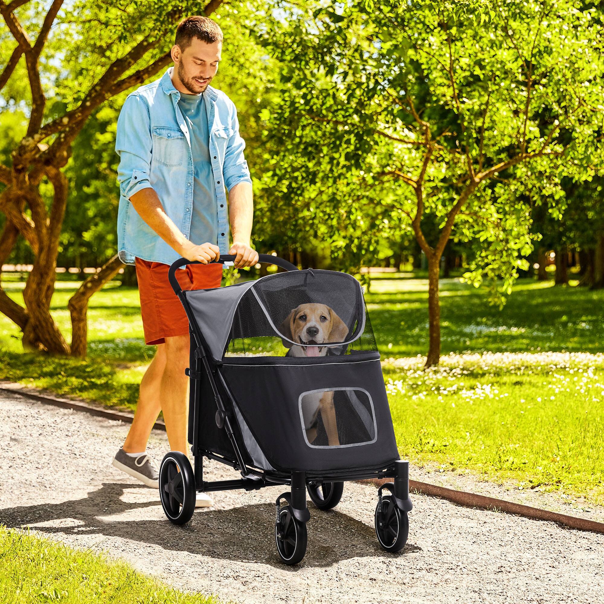 Angle. Pawhut - Dog Stroller, for Dogs up to 66 Lbs, 23.5" Body Length, One-Click Foldable, Storage, Shock Wheels, Mesh, Leash.