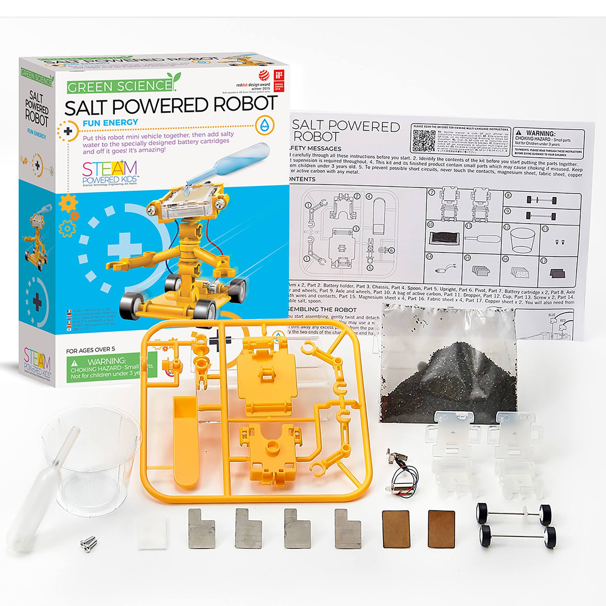 GREEN SCIENCE  
SALT POWERED ROBOT  
FUN ENERGY  

Put this robot mini vehicle together, then add salty water to the specially designed battery cartridges and it goes! It's amazing!  

STEAM POWERED KIDS  

FOR AGES OVER 5  

WARNING: CHOKING HAZARD - Small parts. Not for children under 3 years.  

A WARNING: CHOKING HAZARD - Small parts. Not for children under 3 years.  

Put chis robot mini vehicle together. ROBOT CHOKING HAZARD dna cartridges s water the specially designed battery N E amazing! FETY MESSAGES eES and off goes! - carsfulty through tese instructions betore stam Adendiy contens supervision requined throughout This e boffure pou stamm and Smished groduct petting pat inprther. shildres under years ond contain smud pot wch STEAM prevent possible short circuita, may cause choking mitiried Reep aa Carbon wIES amg metal never Souh the contacts magnetrum sheet fabenc sheet cnpper  

POWERED KOS INTENTS - - C- - - -