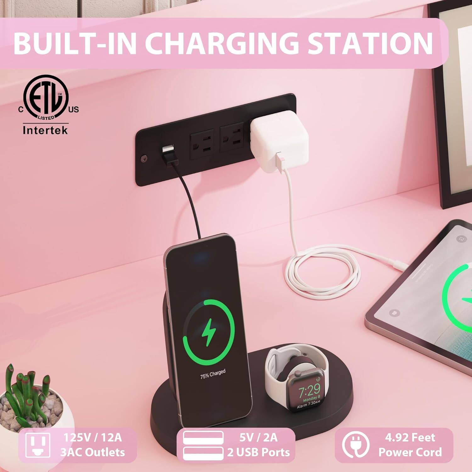 BUILT-IN CHARGING STATION

- ETL Listed
- Intertek

125V / 12A
3 AC Outlets

5V / 2A
2 USB Ports

4.92 Feet Power Cord

75% Charged

7:29
Monday & Alarm 3:30AM