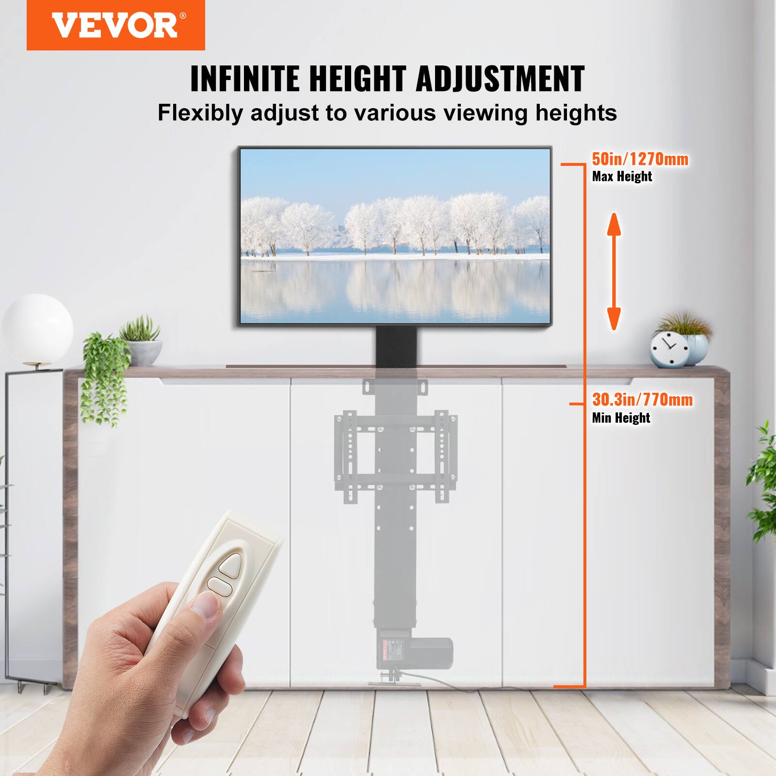VEVOR

INFINITE HEIGHT ADJUSTMENT  
Flexibly adjust to various viewing heights

50in/1270mm  
Max Height

30.3in/770mm  
Min Height