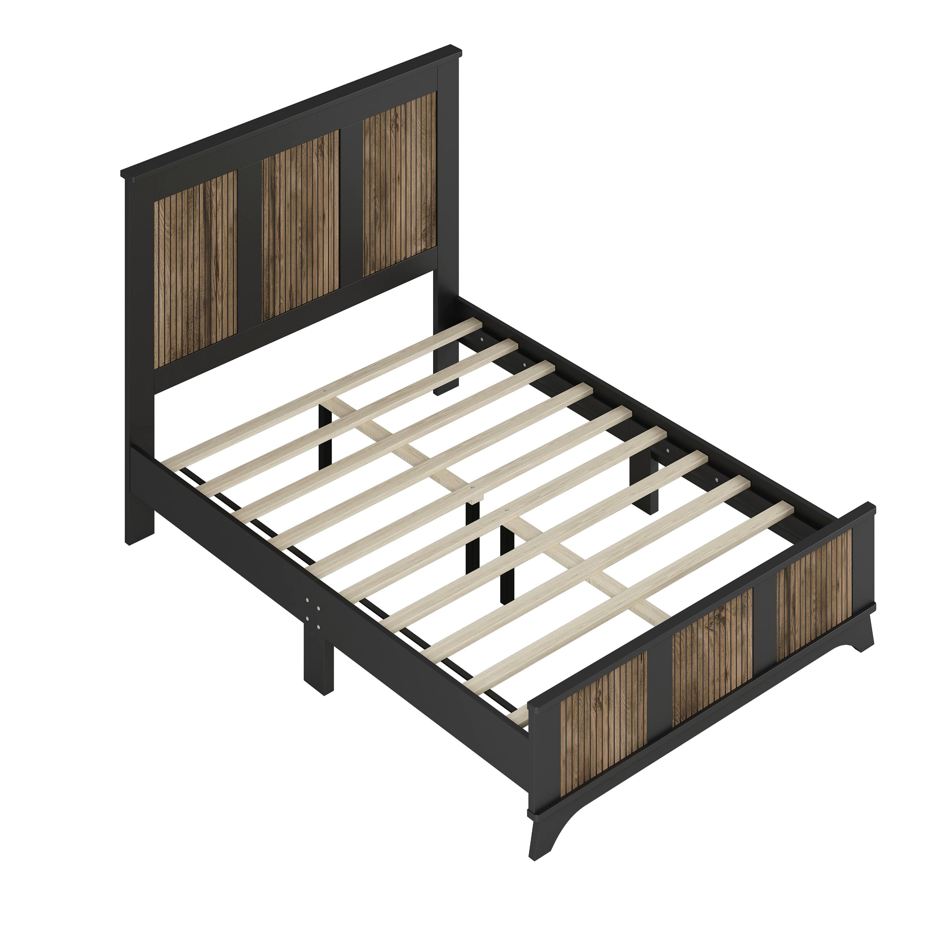 Back. Tiramisubest - Wooden Platform Full Size Bed, Modern Platform Bed with Wooden Strip Stickers Decoration, Plywood Slats Support, Black - Black.