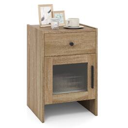 Costway - 1 PCS Farmhouse Nightstand Fluted Bed Side Table with Large Drawer & Enclosed Cabinet - Natural