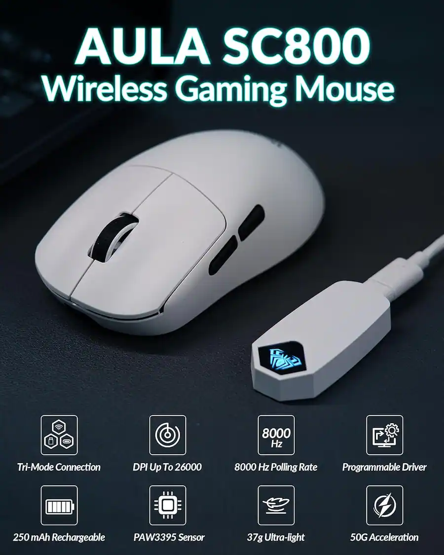 AULA SC800 Wireless Gaming Mouse, Ultra Light 37g, High Precision