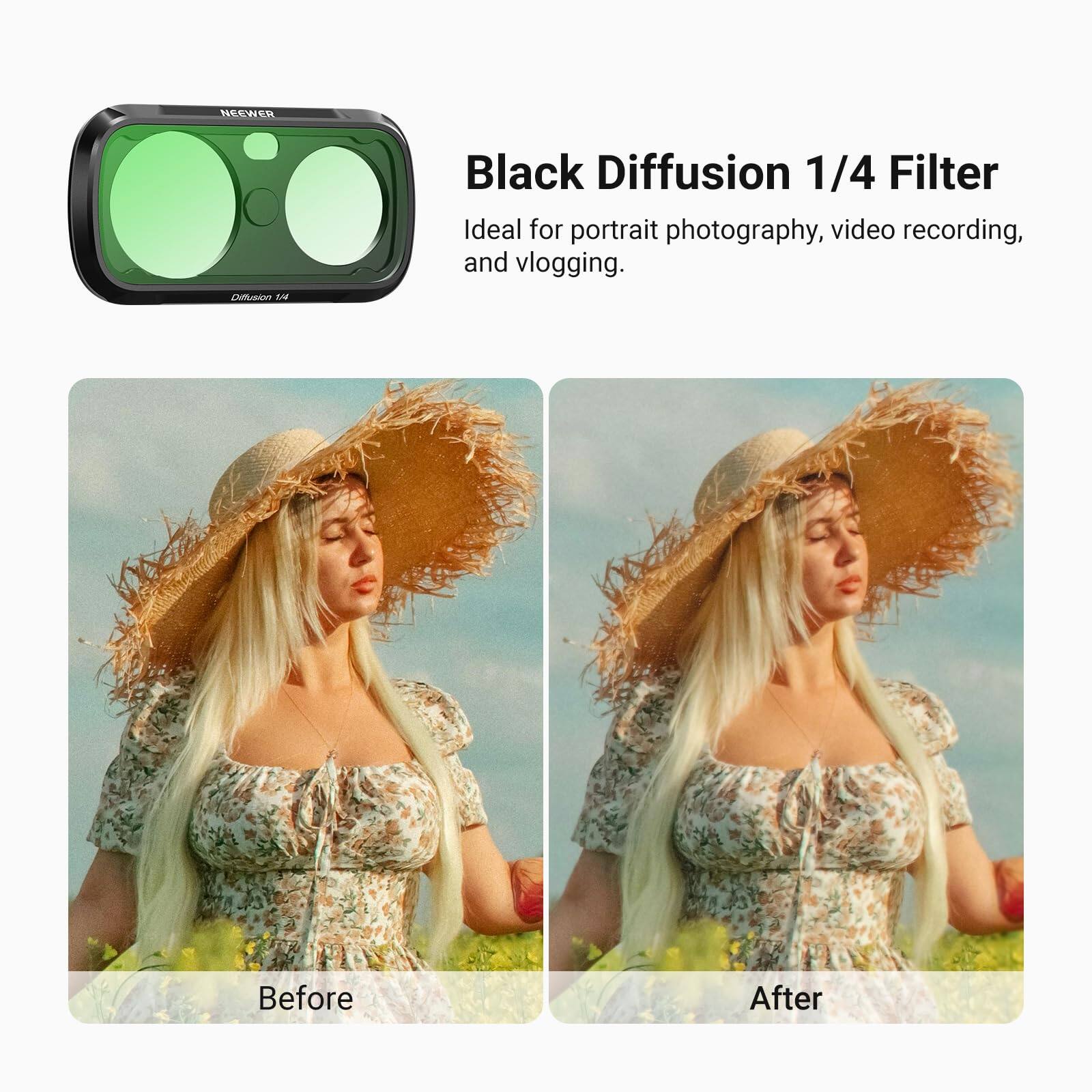 NEEWER  
Diffusion 1/4  
Black Diffusion 1/4 Filter  
Ideal for portrait photography, video recording, and vlogging.  

Before  
After