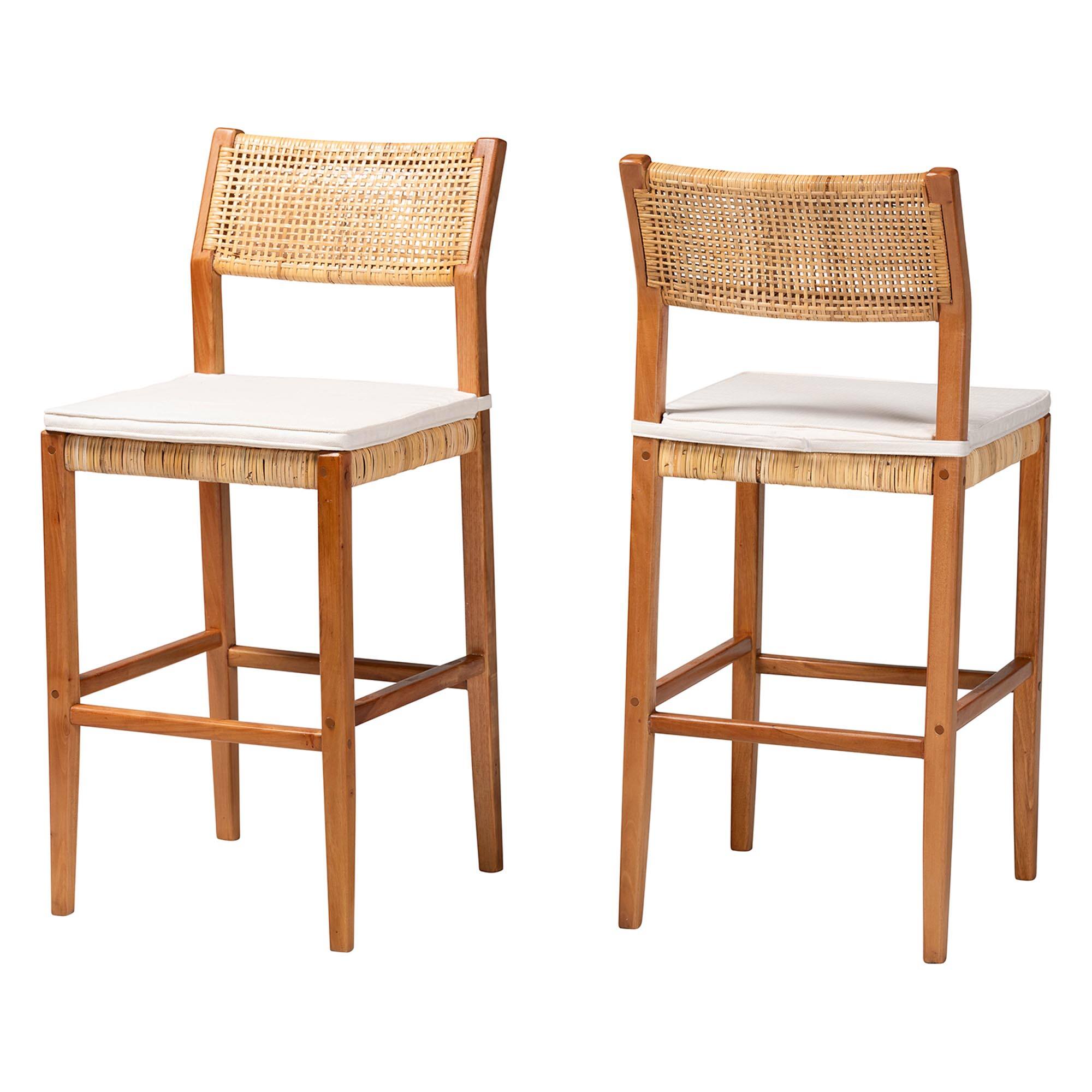 Front. bali & pari - Chatura Natural Rattan and Mahogany Wood 2-Piece Bar Stool Set – Handwoven Wicker Stool with Angled Back, Bar Height - Light Honey/Honey.