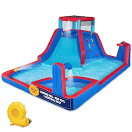 Sunny & Fun - Four Corner Inflatable Water Slide Park with Climbing Wall, Slide & Deep Pool - Blue/Red