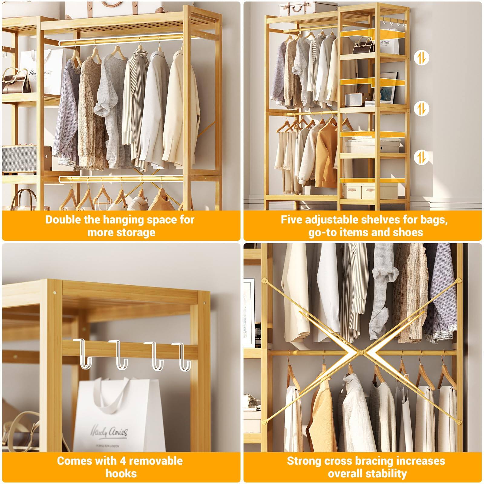 - Double the hanging space for more storage
- Five adjustable shelves for bags, go-to items and shoes
- Comes with 4 removable hooks
- Strong cross bracing increases overall stability