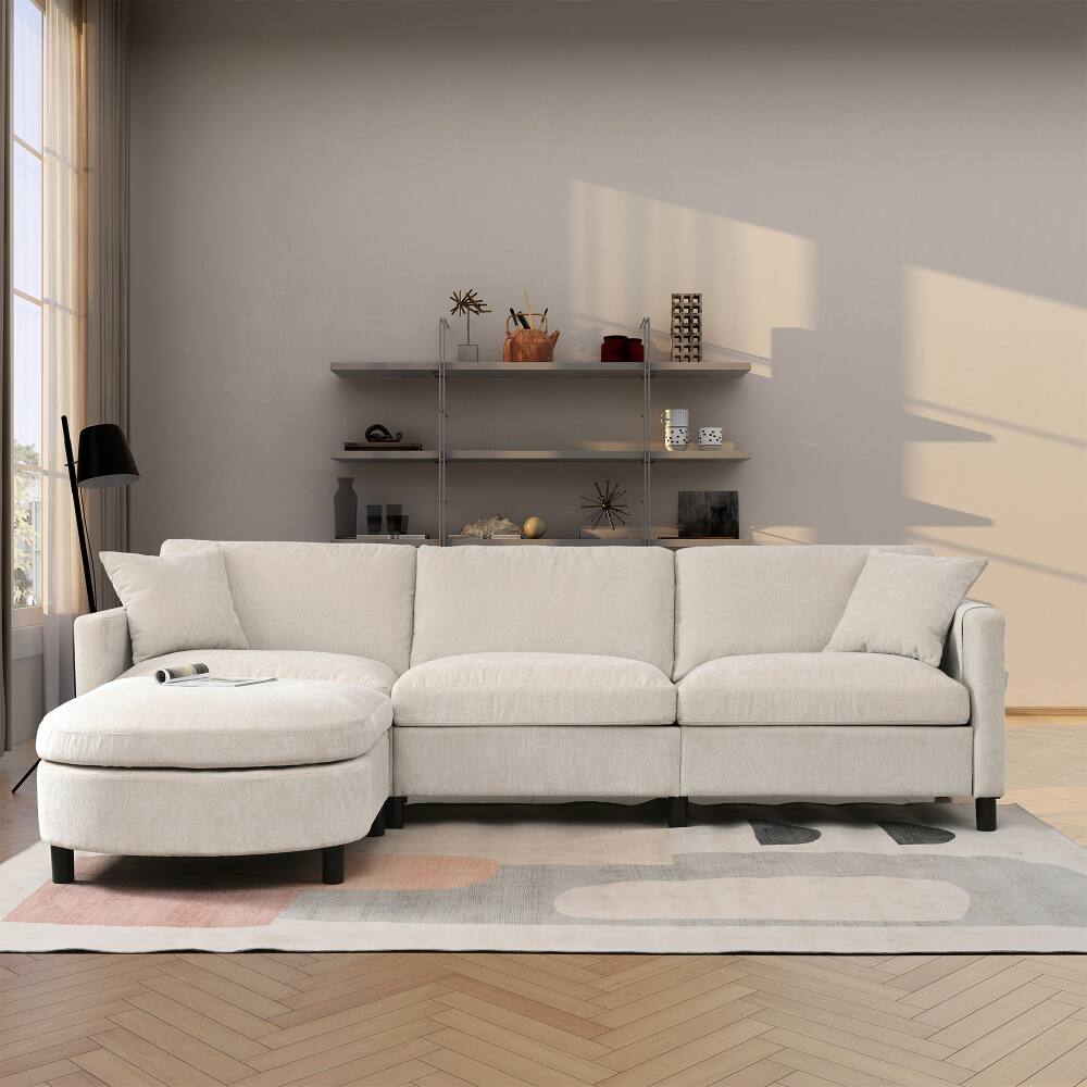 Left. JUJABU - 107.87 in. Beige Sectional Sofa Couch 3 Seater with Ottoman and Cushion - Beige.