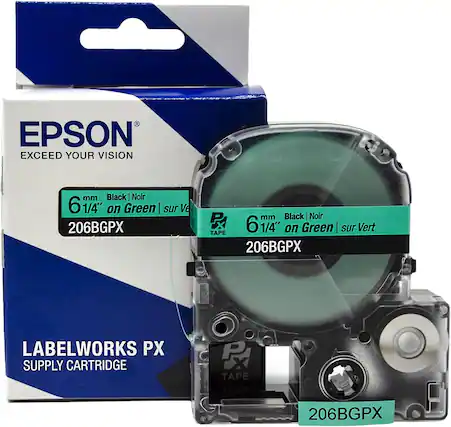 EPSON
EXCEED YOUR VISION
6 mm Black | Noir
6 1/4" on Green | sur Vert
206BGPX
LABELWORKS PX
SUPPLY CARTRIDGE
TAPE