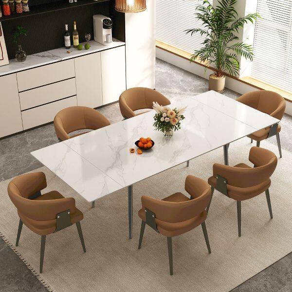 Left. luck idea - Modern Curved Half Arm Dining Chairs, PU Leather Upholstered Side Chair with Dark Metal Legs for Kitchen Dining Room - brown.
