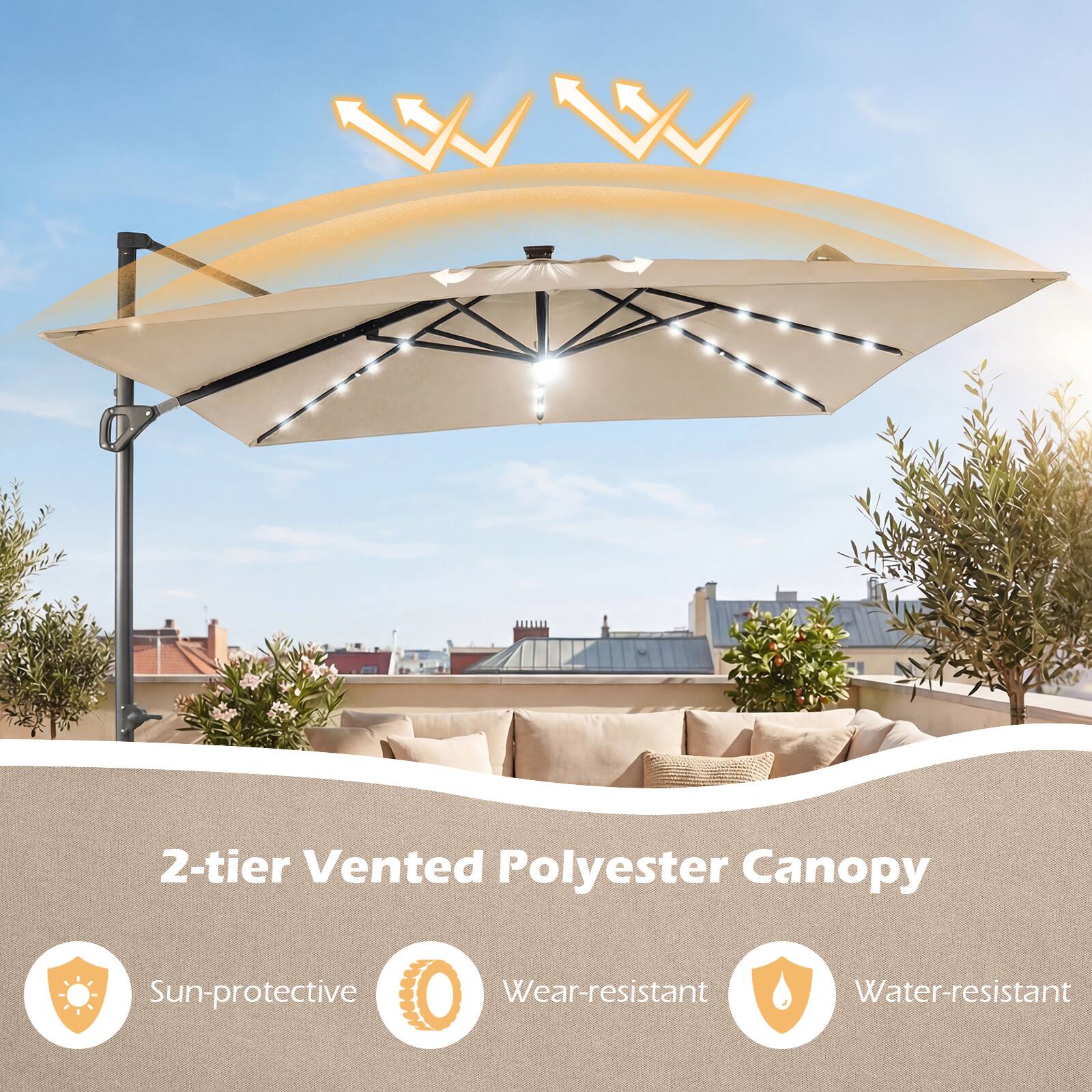 2-tier Vented Polyester Canopy  
Sun-protective  
Wear-resistant  
Water-resistant
