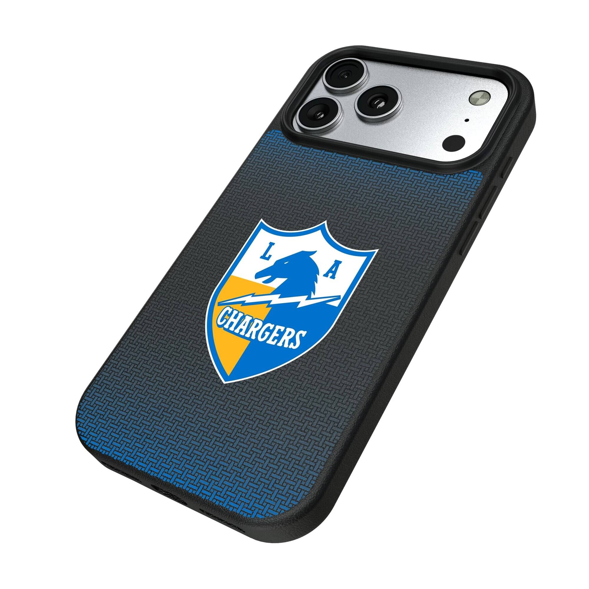 Alt View 1. Keyscaper - Los Angeles Chargers Linen Logo iPhone Magnetic Bump Case - 17 - Black.
