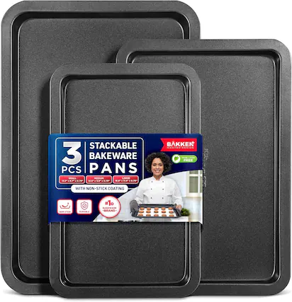STACKABLE 3 PCS BAKEWARE PANS SMALL MEDIUM LARGE WITH NON-STICK COATING NOT-STICK DURABLE #1 BRAND FREE