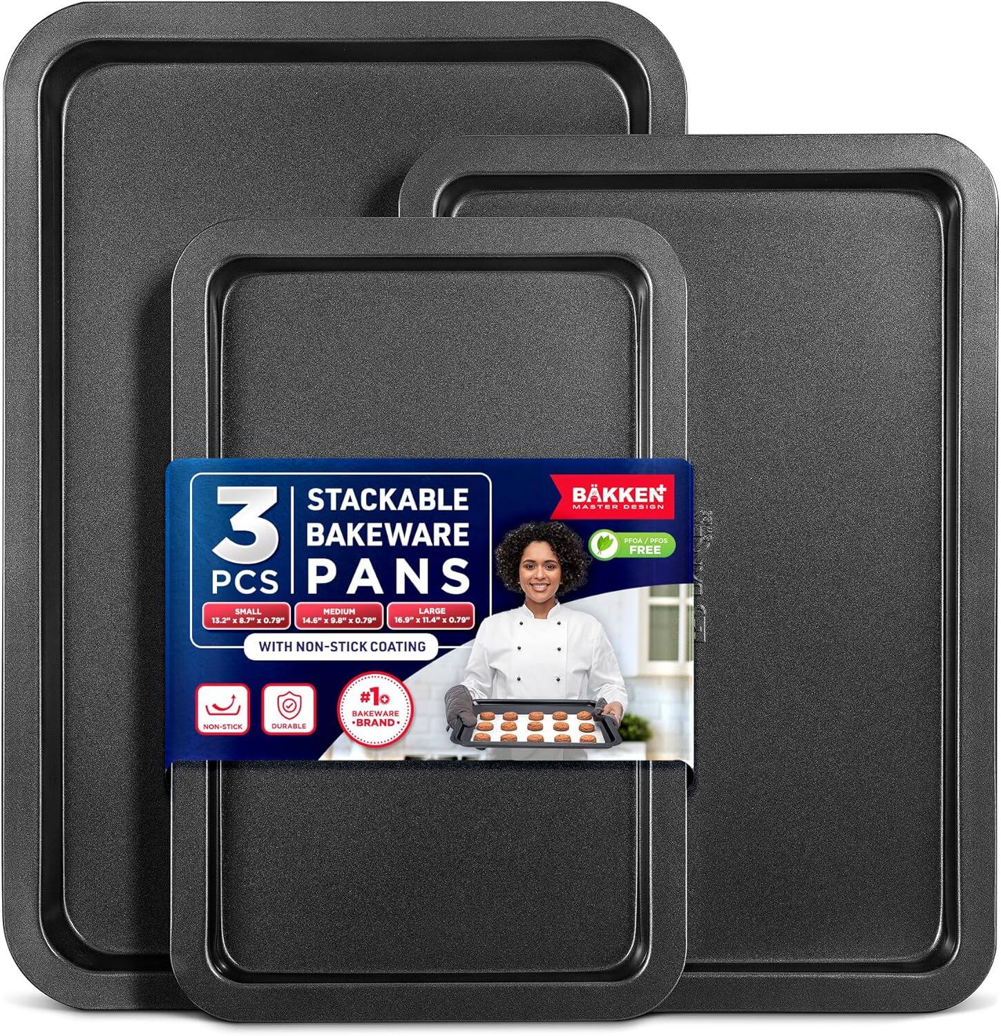 STACKABLE 3 PCS BAKEWARE PANS SMALL MEDIUM LARGE WITH NON-STICK COATING NOT-STICK DURABLE #1 BRAND FREE