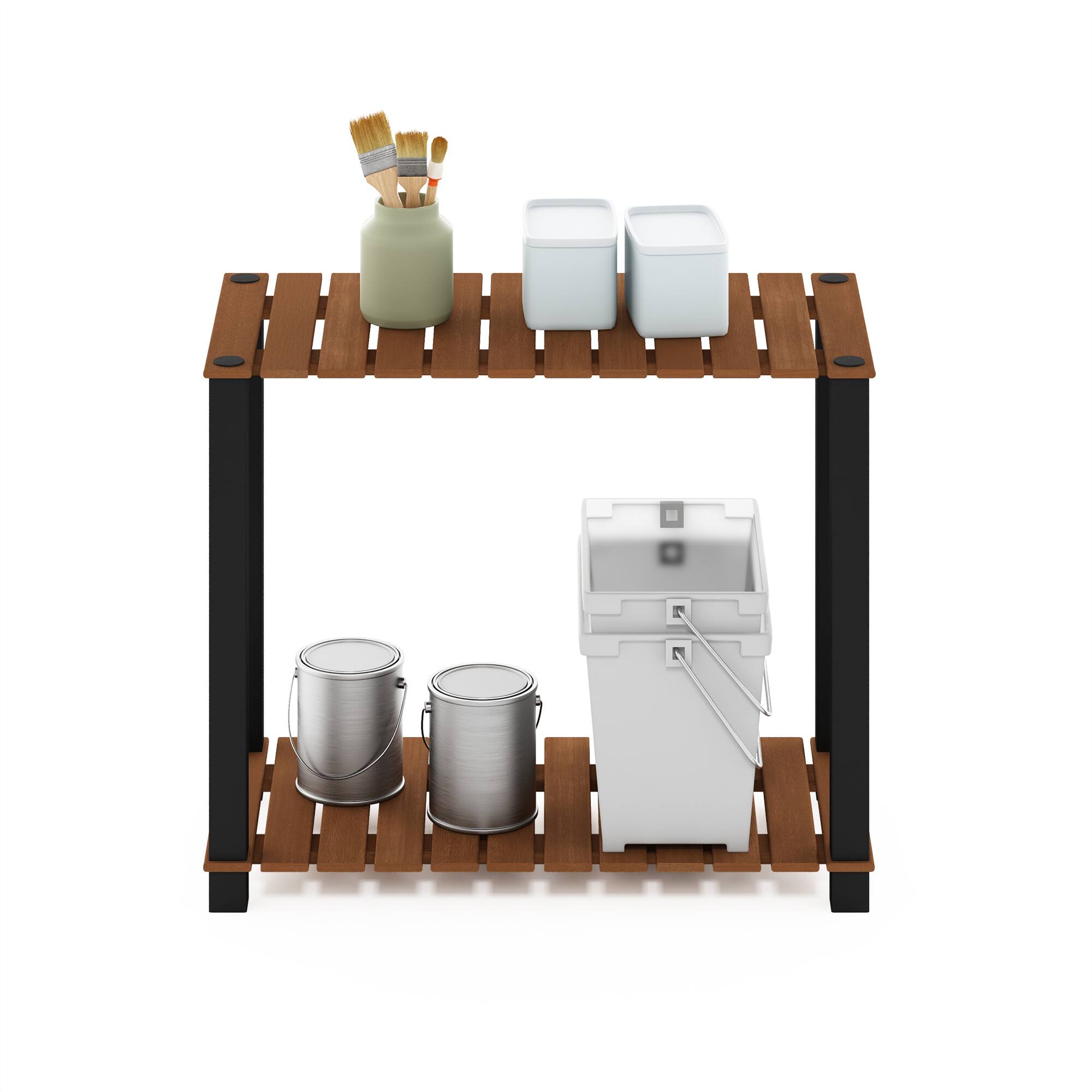 Alt View 4. Furinno - Pangkor 2-Tier Turn-N-Tube Indoor Outdoor Plant Shelf Large Rectangle Wood Stand with Square Poles - Natural/Black.