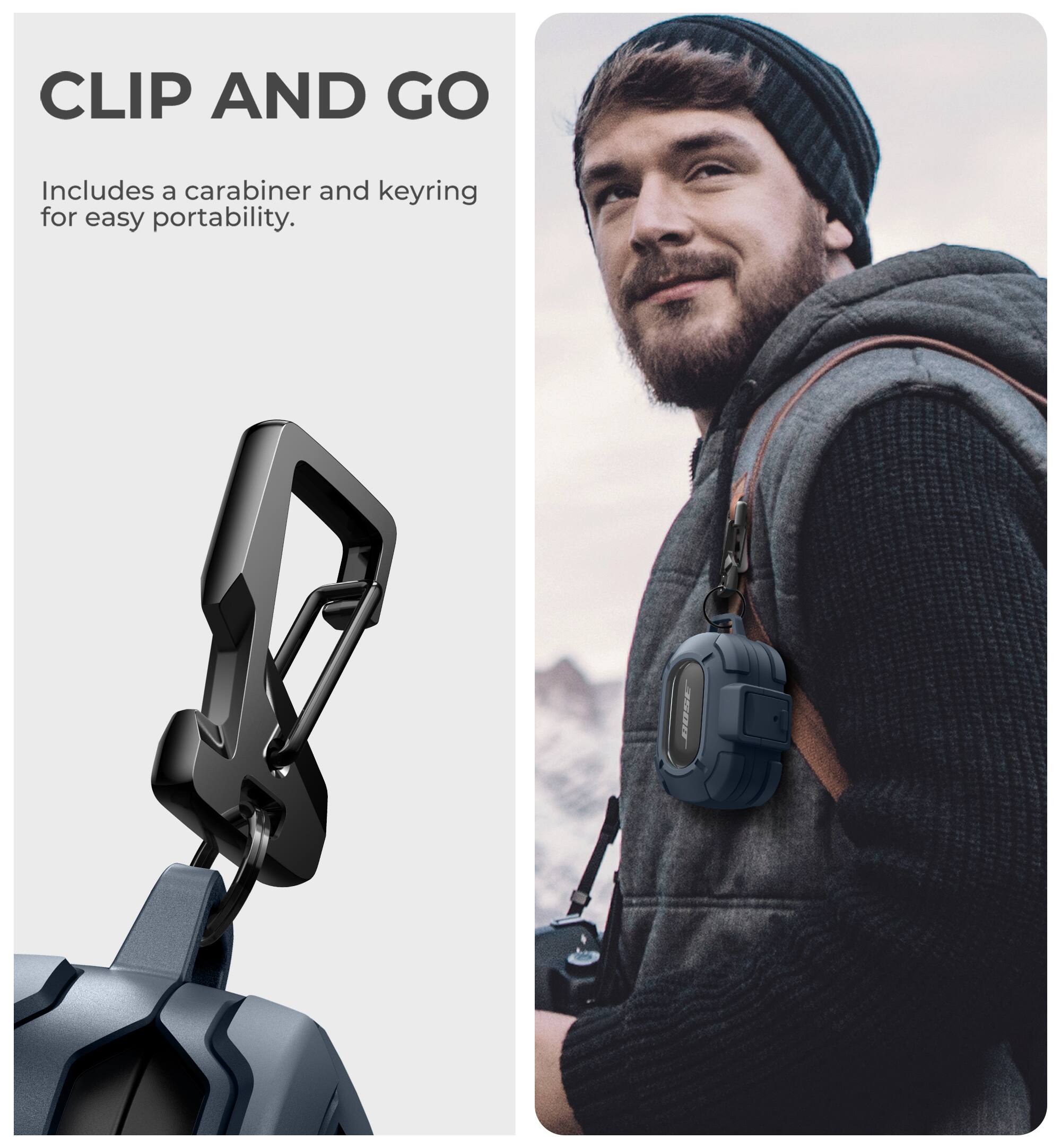 CLIP AND GO  
Includes a carabiner and keyring for easy portability.