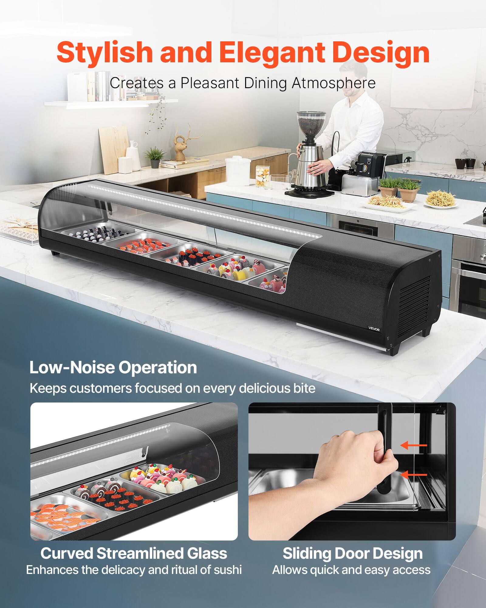 Stylish and Elegant Design  
Creates a Pleasant Dining Atmosphere  

Low-Noise Operation  
Keeps customers focused on every delicious bite  

Curved Streamlined Glass  
Enhances the delicacy and ritual of sushi  

Sliding Door Design  
Allows quick and easy access
